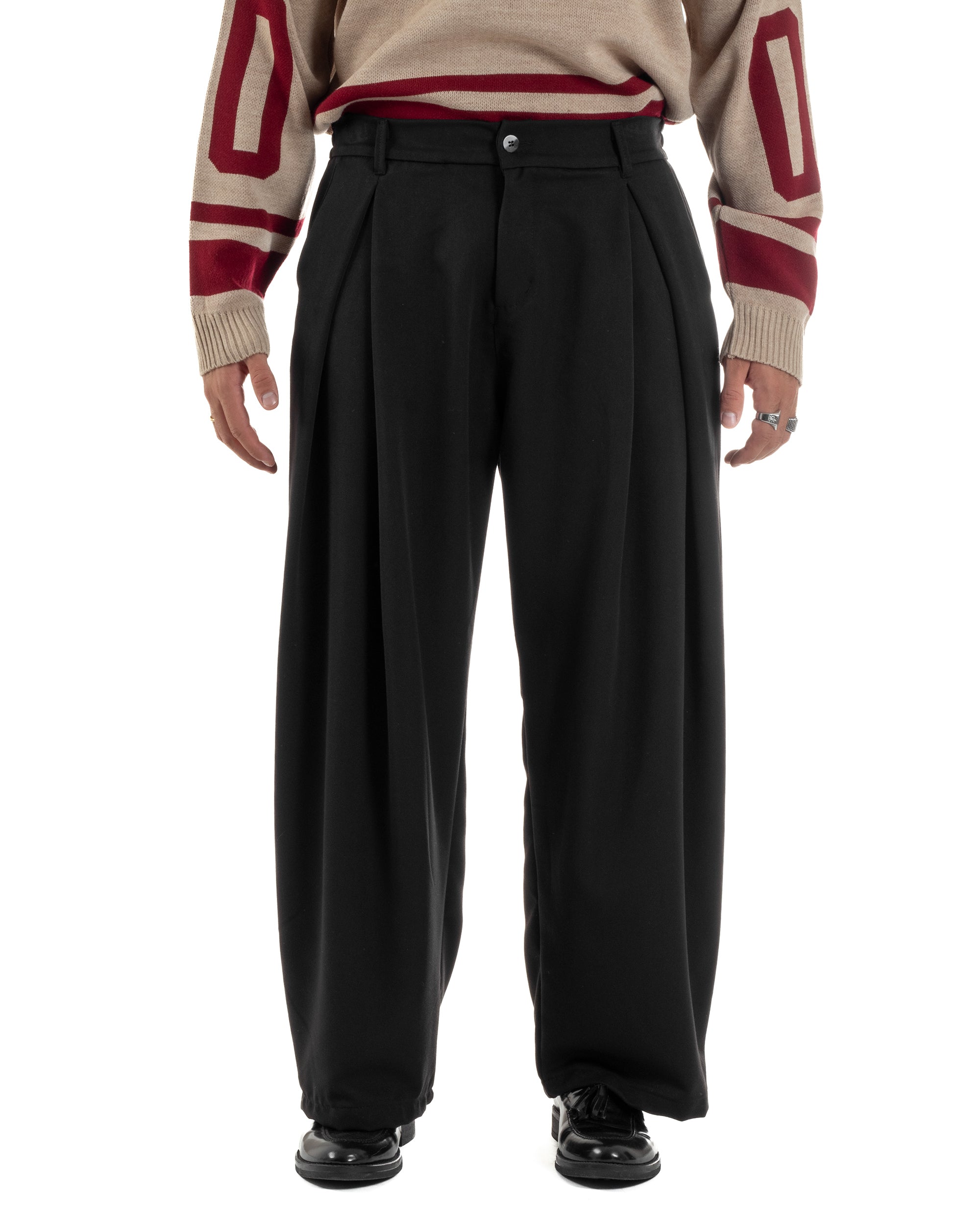 Pantaloni Uomo Viscosa Baggy Wide Fit Pinces Nero P6383A