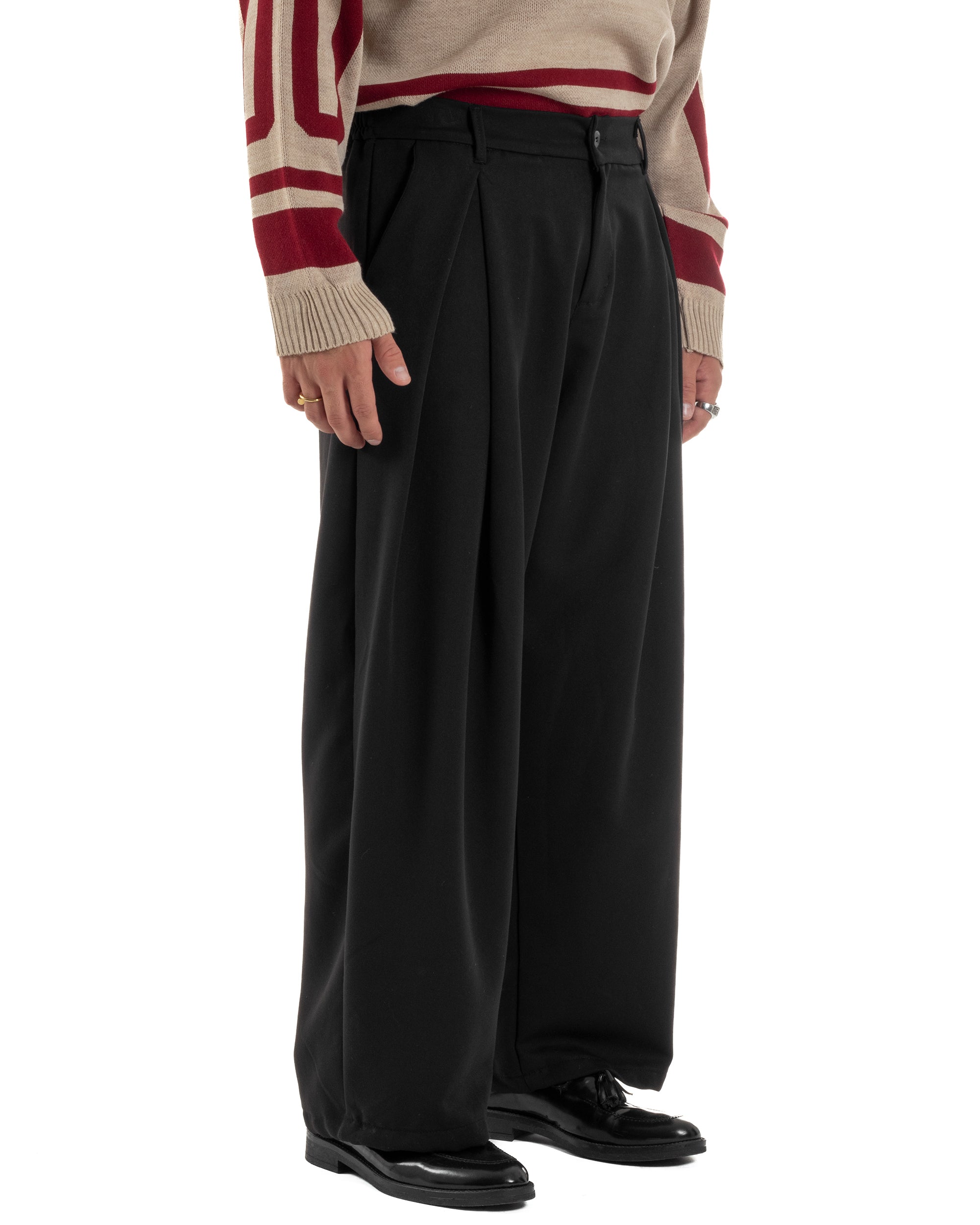 Pantaloni Uomo Viscosa Baggy Wide Fit Pinces Nero P6383A