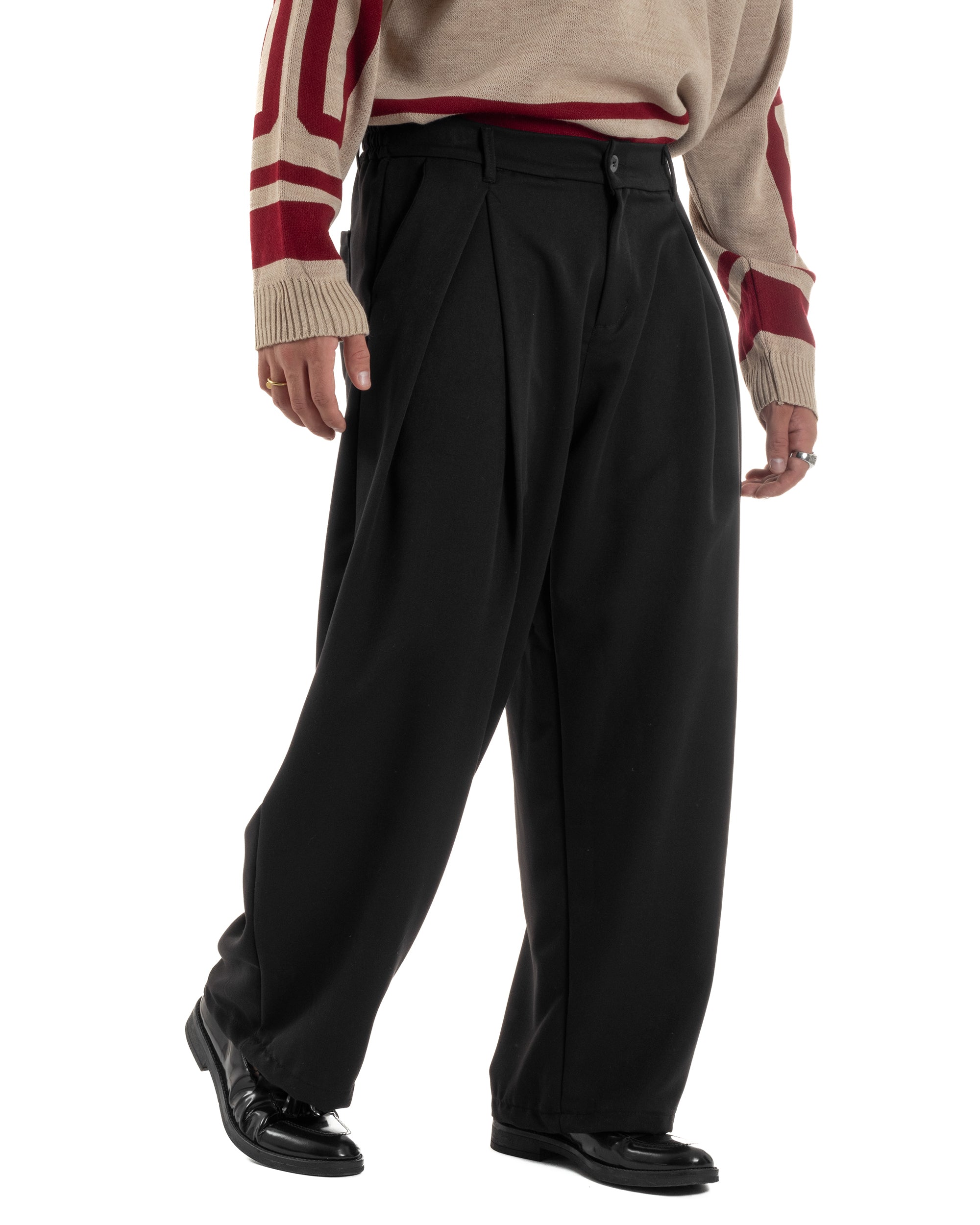 Pantaloni Uomo Viscosa Baggy Wide Fit Pinces Nero P6383A