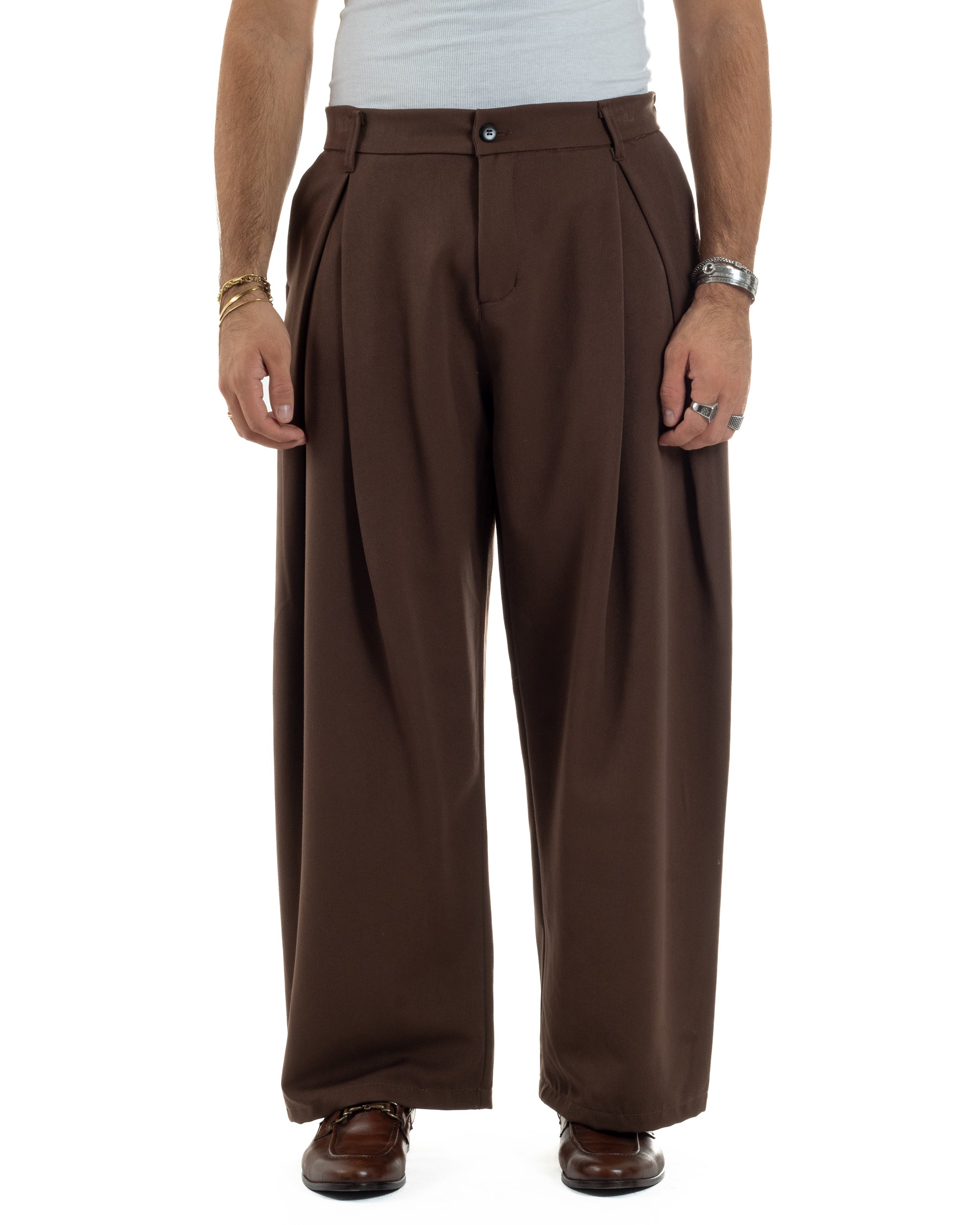 Pantaloni Uomo Viscosa Baggy Wide Fit Pinces Marrone P6384A