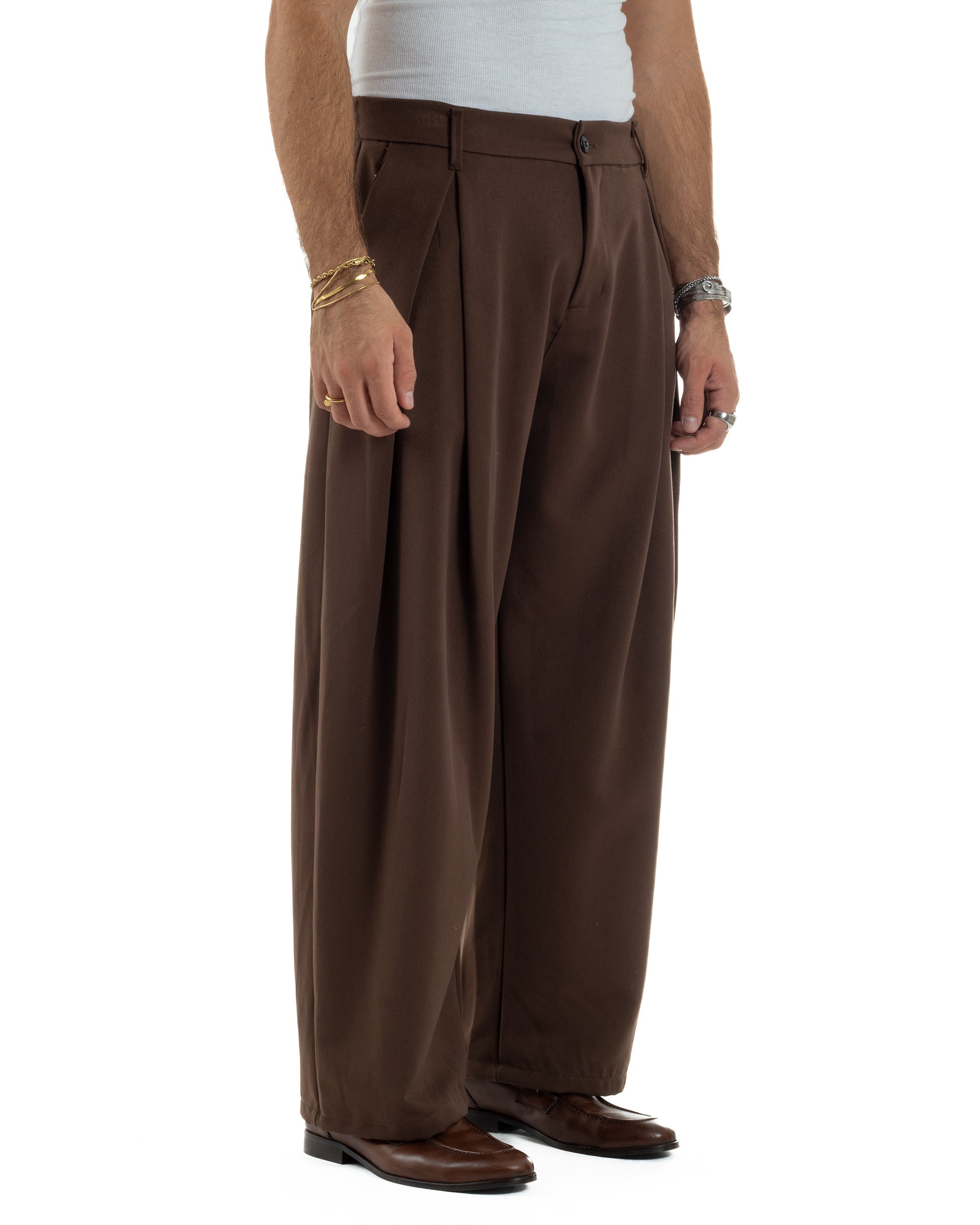 Pantaloni Uomo Viscosa Baggy Wide Fit Pinces Marrone P6384A