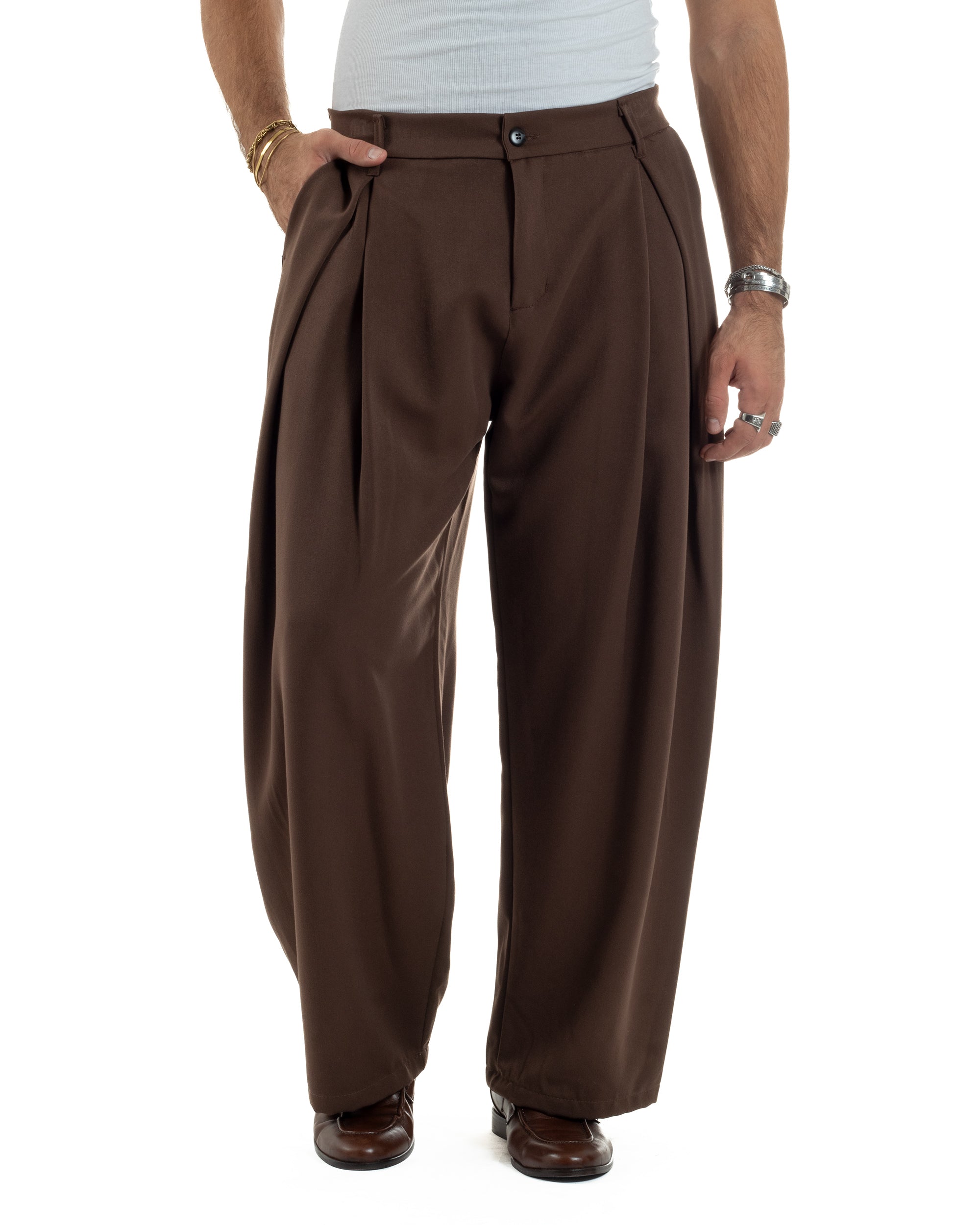 Pantaloni Uomo Viscosa Baggy Wide Fit Pinces Marrone P6384A