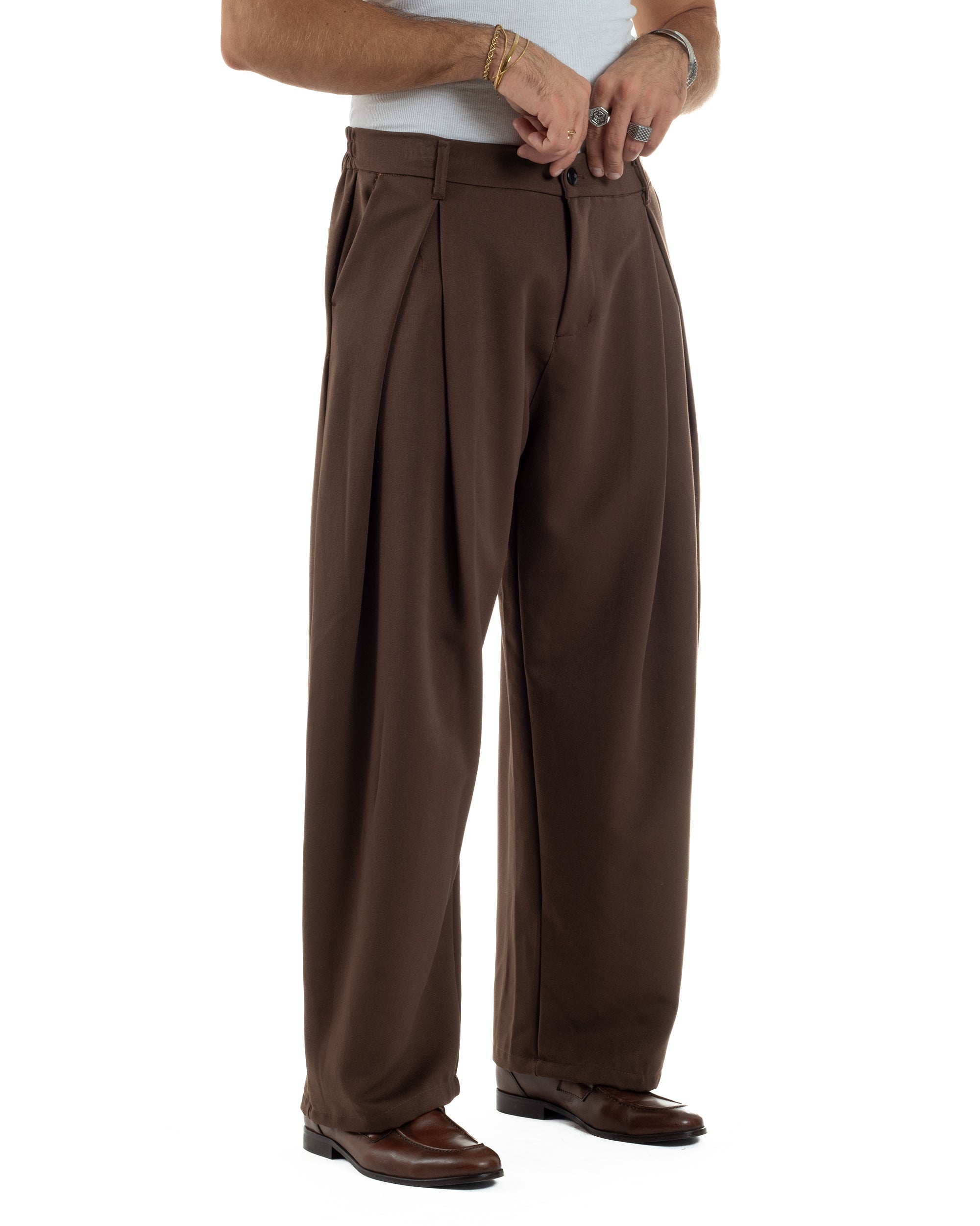 Pantaloni Uomo Viscosa Baggy Wide Fit Pinces Marrone P6384A