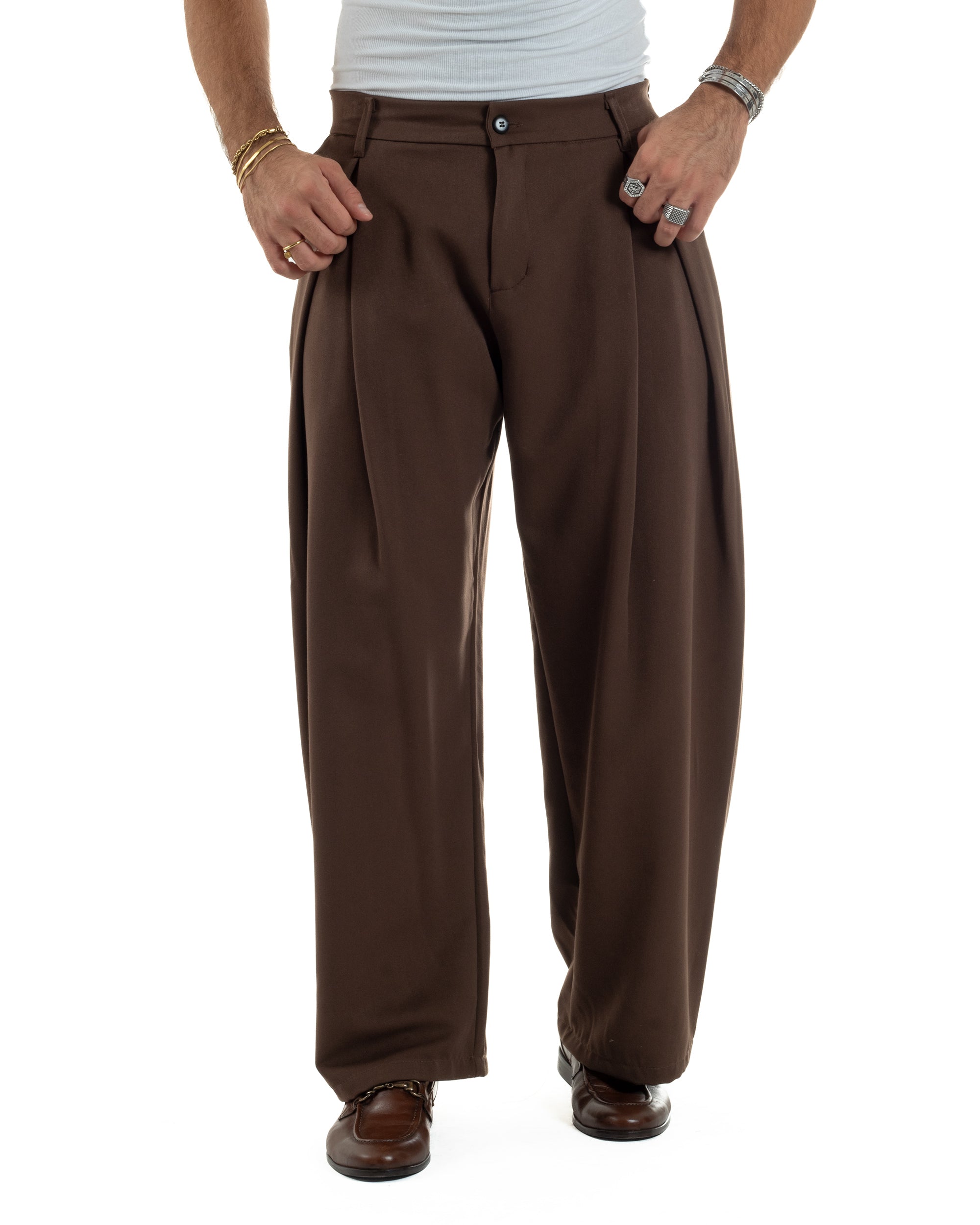 Pantaloni Uomo Viscosa Baggy Wide Fit Pinces Marrone P6384A