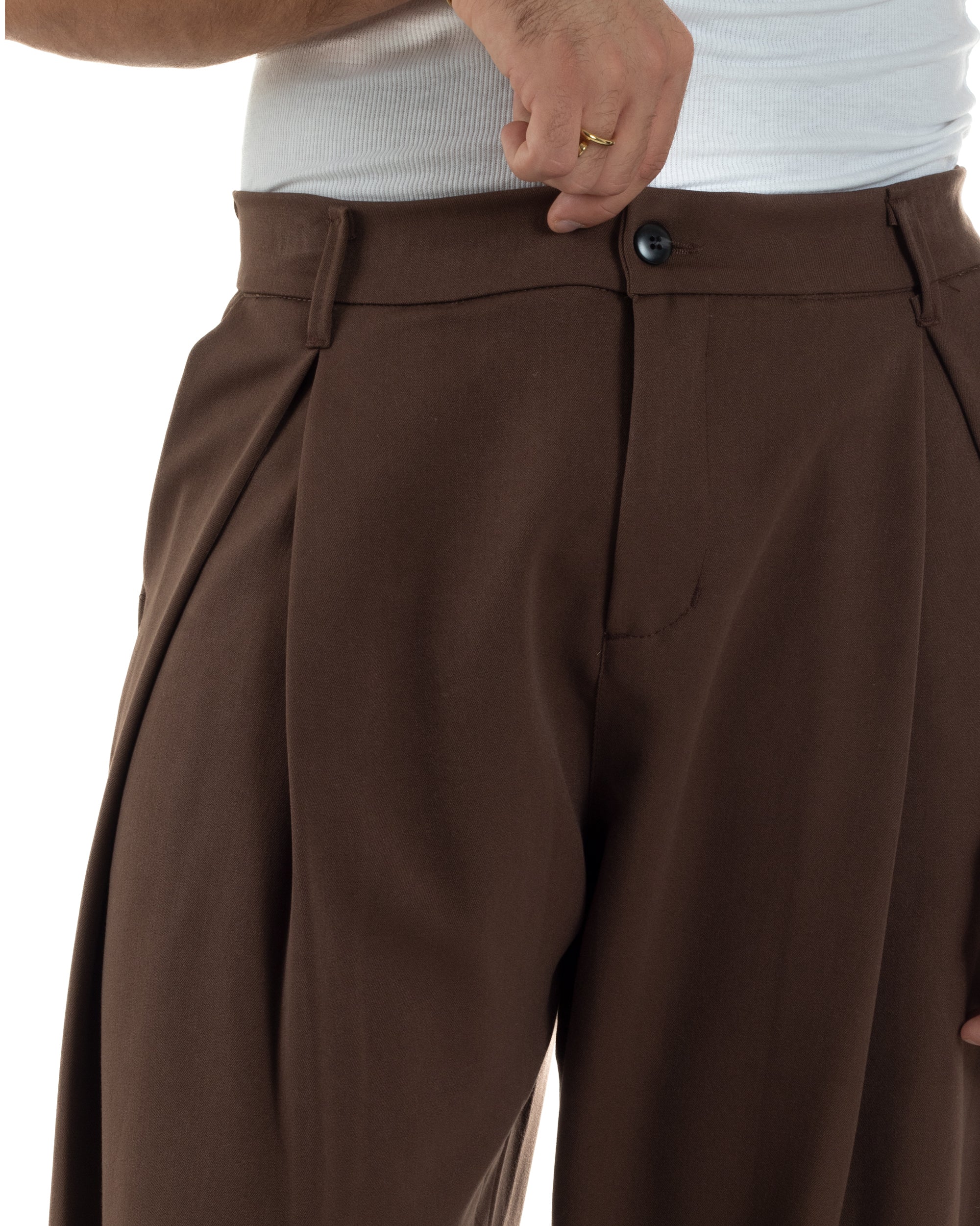 Pantaloni Uomo Viscosa Baggy Wide Fit Pinces Marrone P6384A