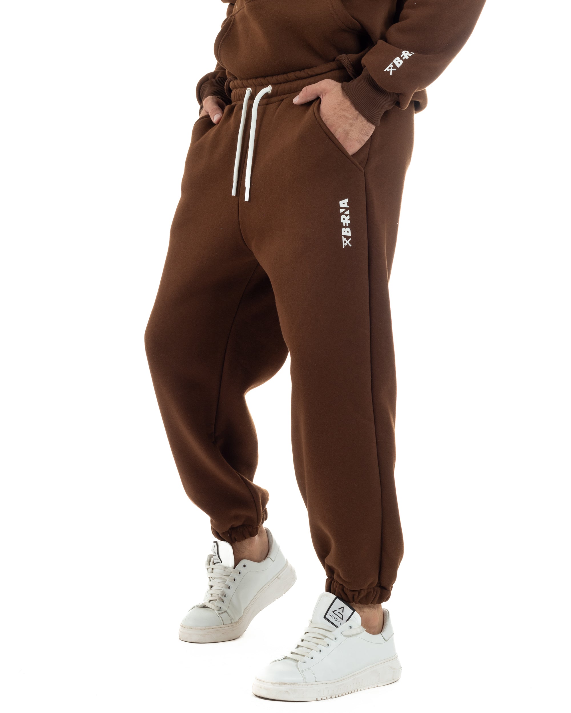 Pantaloni Tuta Jogger Felpato Logo Tinta Unita Marrone Berna M-252022