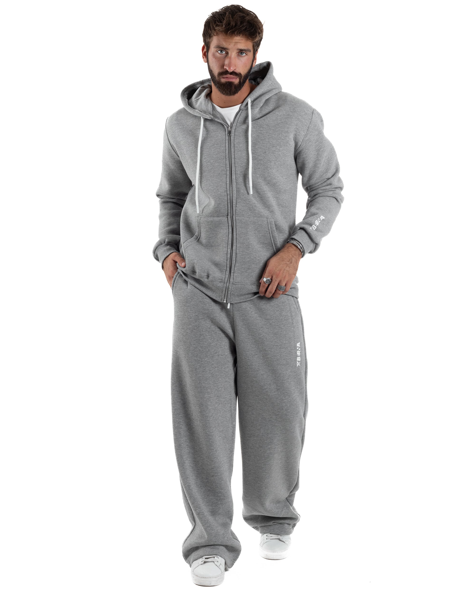 Pantaloni Tuta Baggy Fondo Largo Felpato Logo Grigio Berna M-252196