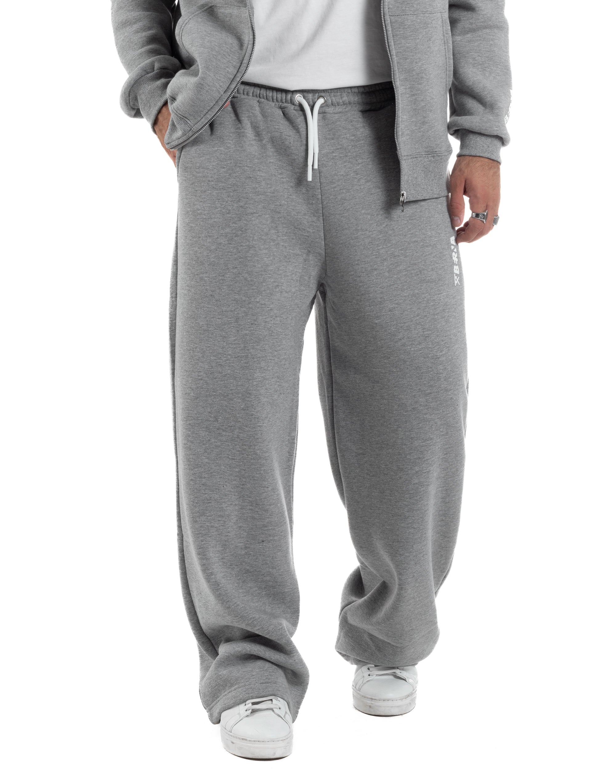 Pantaloni Tuta Baggy Fondo Largo Felpato Logo Grigio Berna M-252196