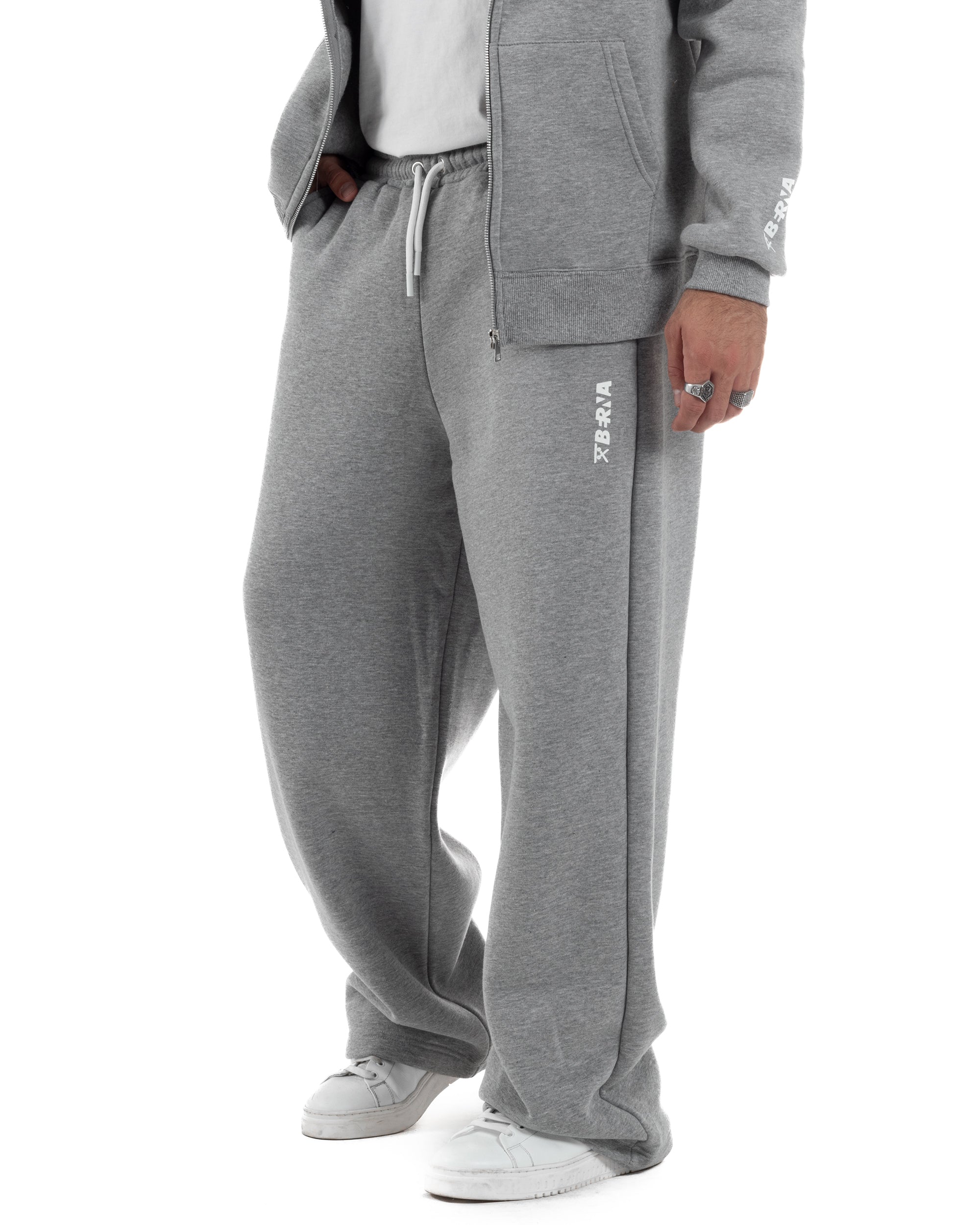 Pantaloni Tuta Baggy Fondo Largo Felpato Logo Grigio Berna M-252196