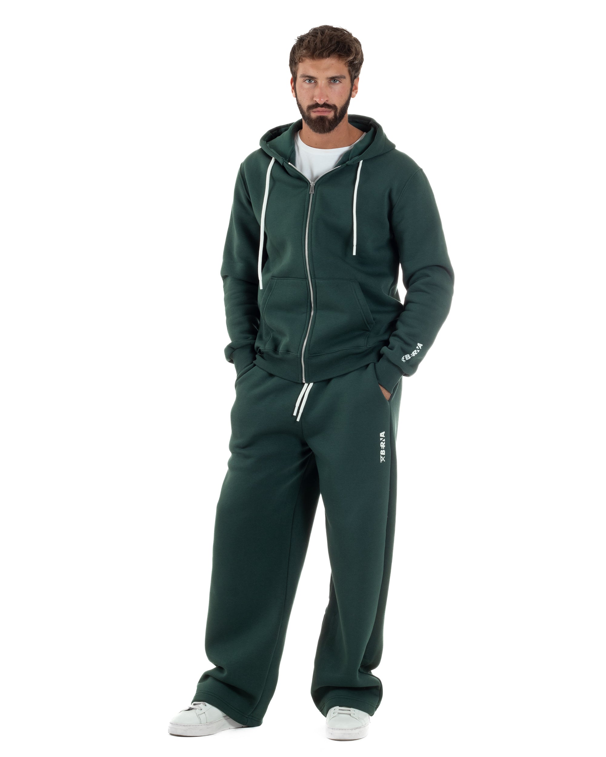 Pantaloni Tuta Baggy Fondo Largo Felpato Logo Verde Berna M-252196