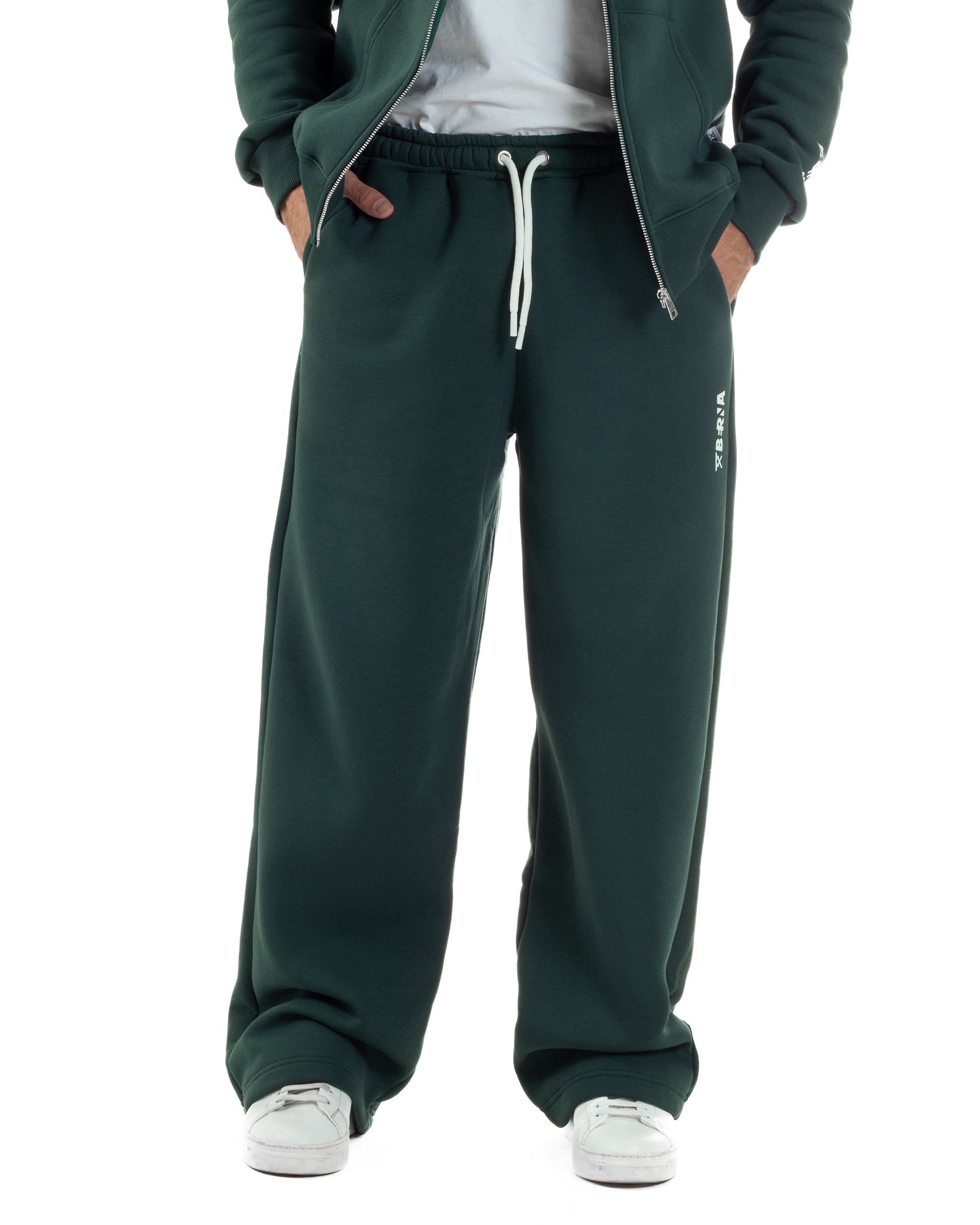 Pantaloni Tuta Baggy Fondo Largo Felpato Logo Verde Berna M-252196
