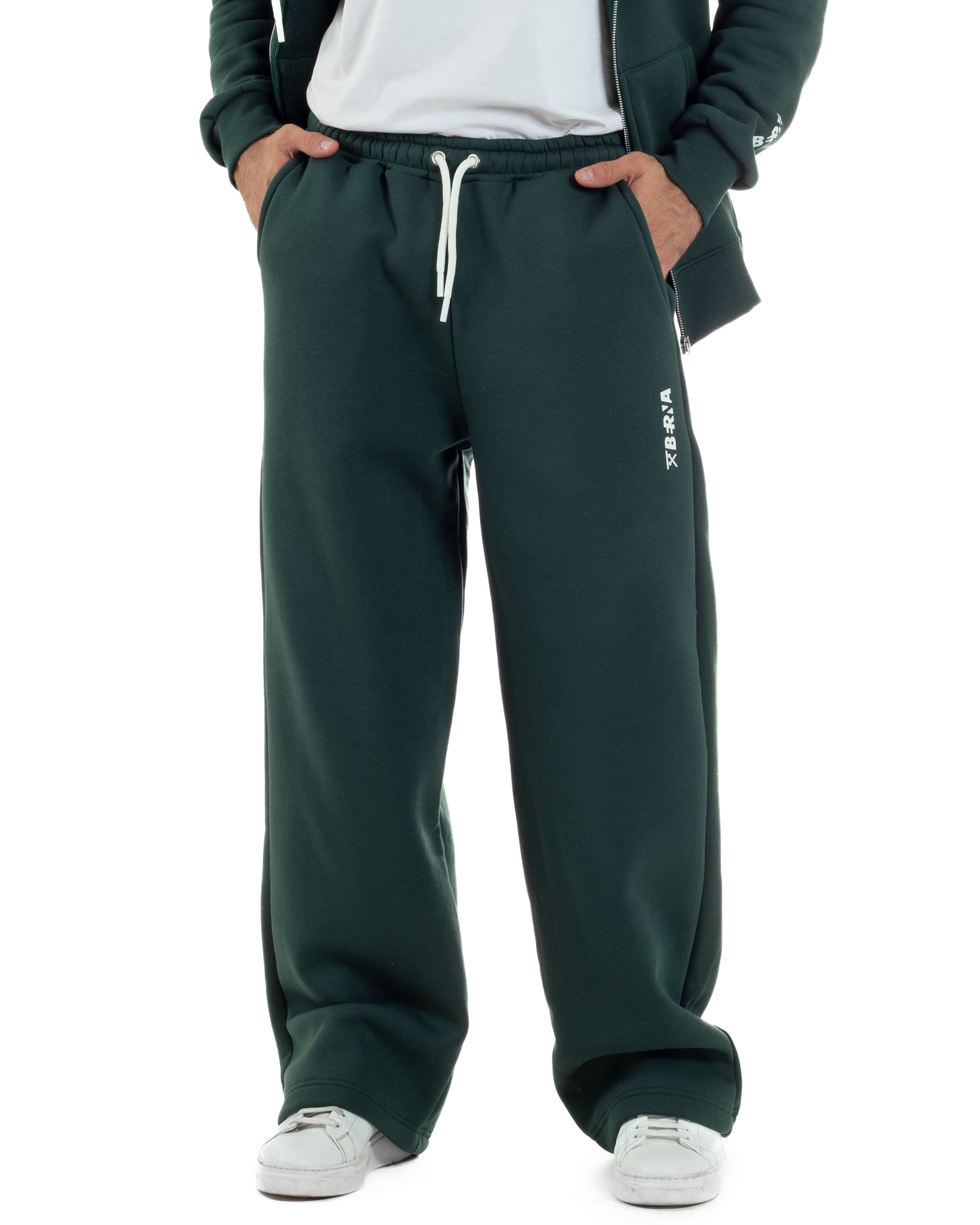 Pantaloni Tuta Baggy Fondo Largo Felpato Logo Verde Berna M-252196