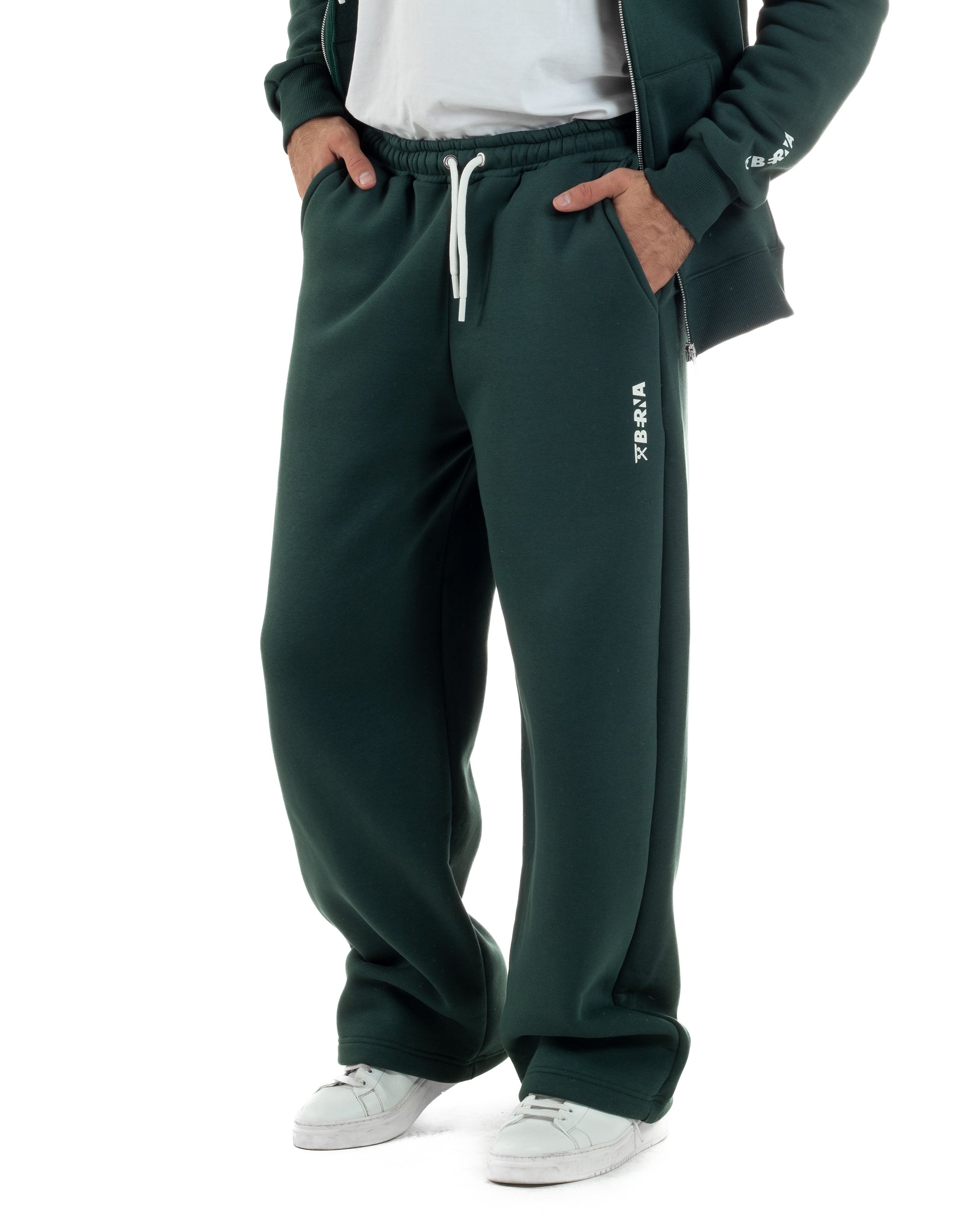 Pantaloni Tuta Baggy Fondo Largo Felpato Logo Verde Berna M-252196