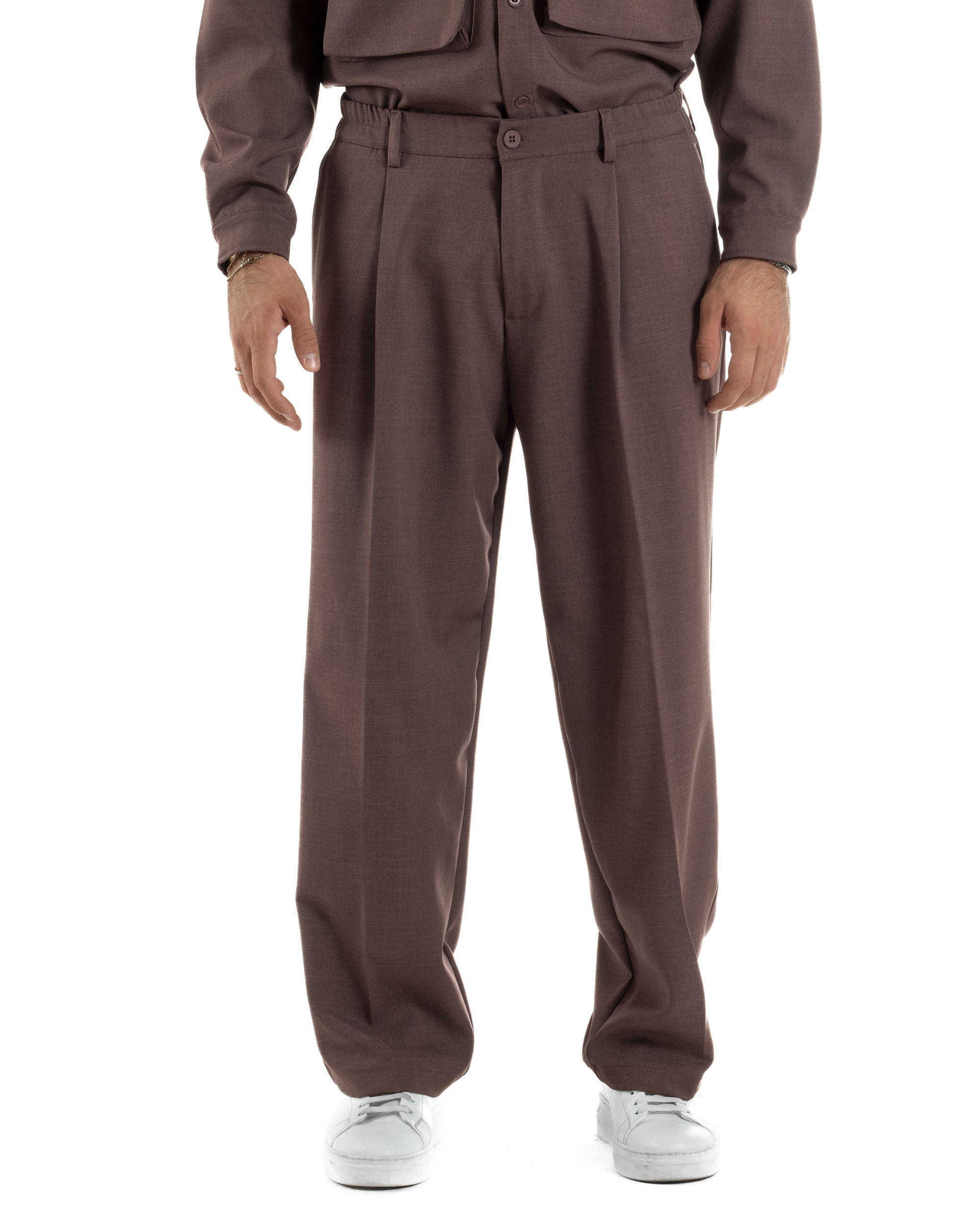 Pantaloni Uomo Viscosa Palazzo Fondo Ampio Baggy Pinces Marrone P6404A