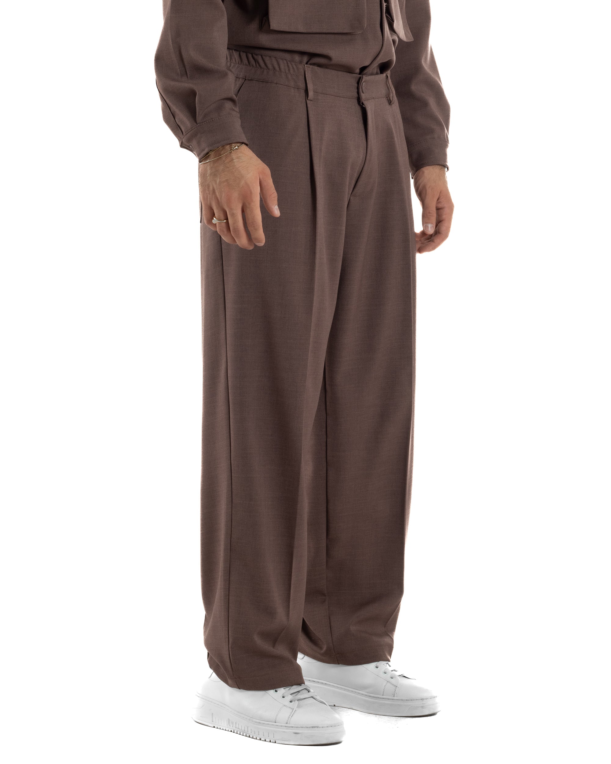 Pantaloni Uomo Viscosa Palazzo Fondo Ampio Baggy Pinces Marrone P6404A