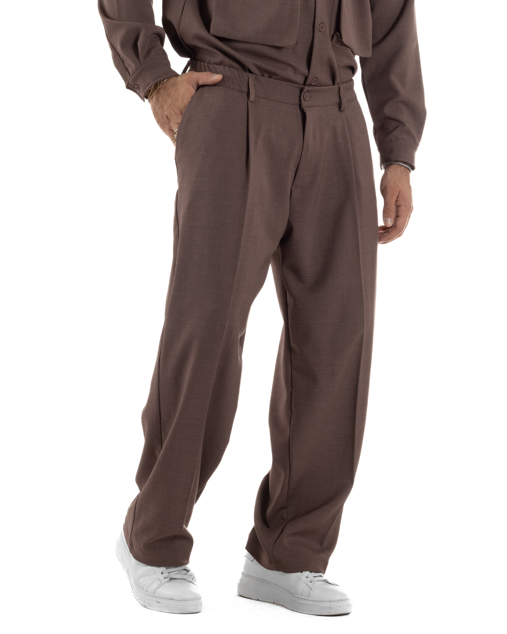Pantaloni Uomo Viscosa Palazzo Fondo Ampio Baggy Pinces Marrone P6404A