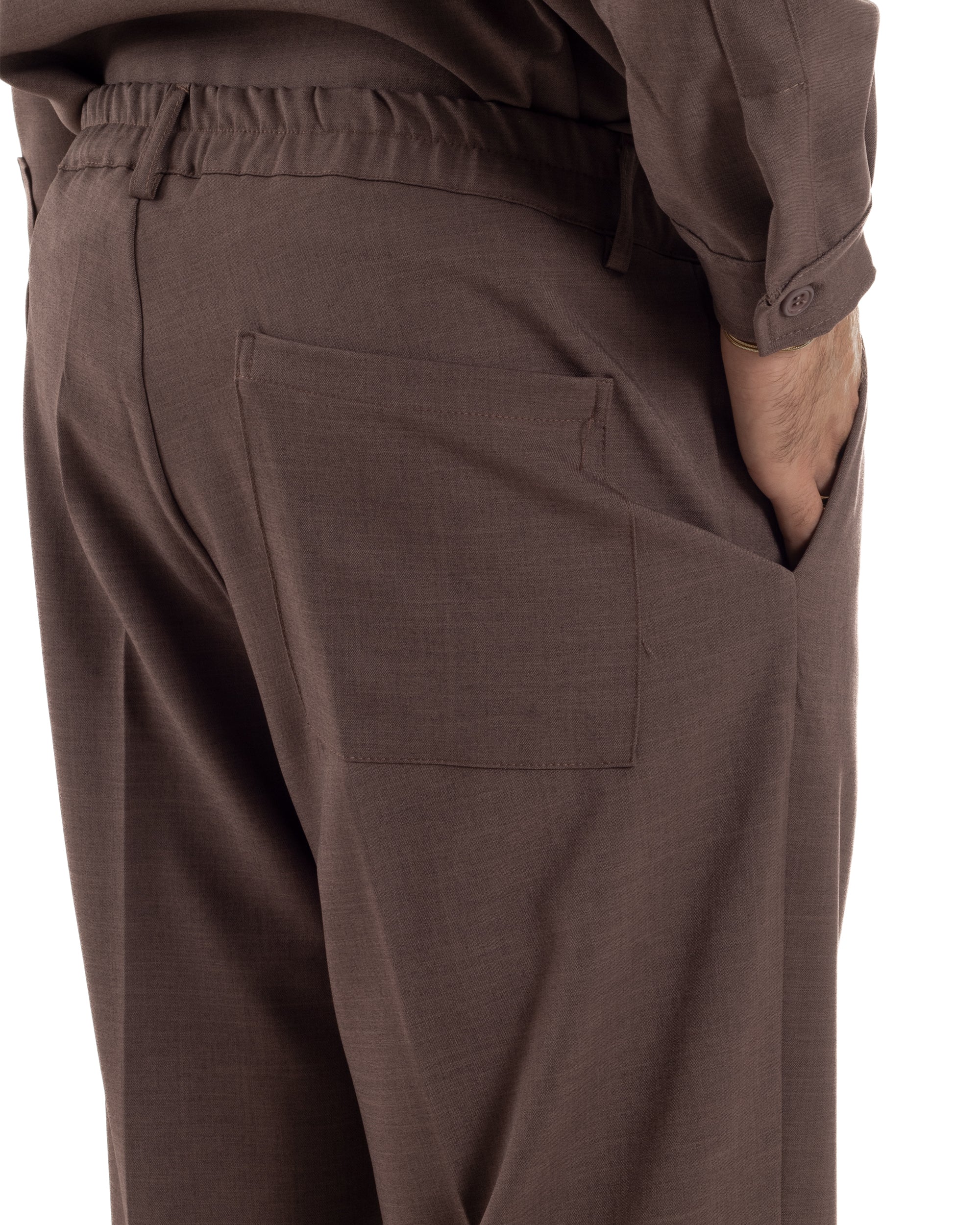 Pantaloni Uomo Viscosa Palazzo Fondo Ampio Baggy Pinces Marrone P6404A
