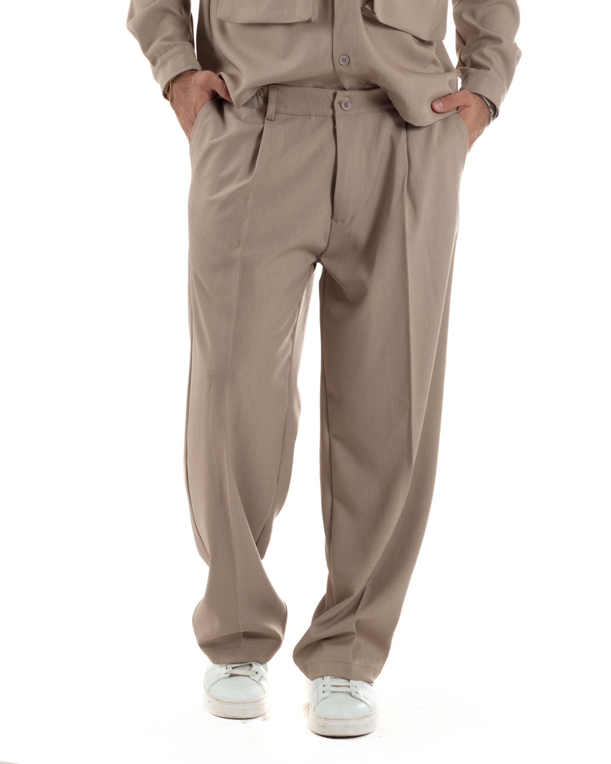 Pantaloni Uomo Viscosa Palazzo Fondo Ampio Baggy Pinces Beige P6405A