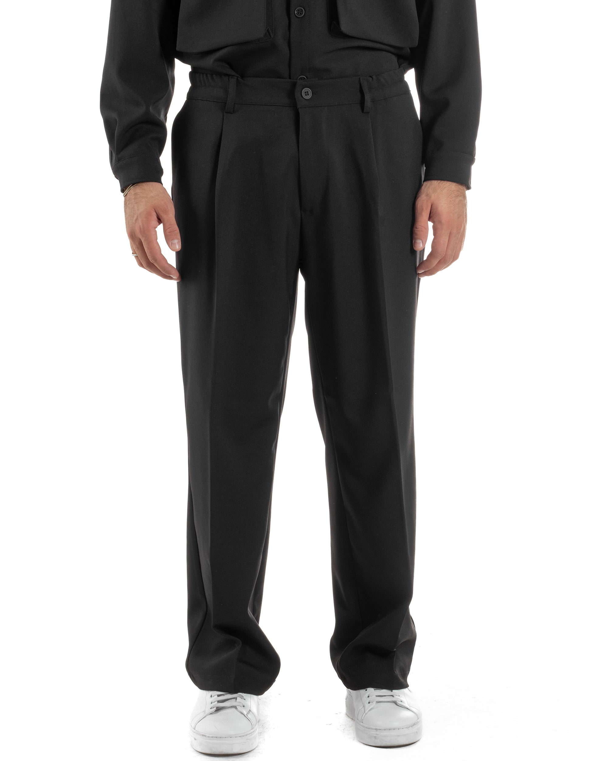 Pantaloni Uomo Viscosa Palazzo Fondo Ampio Baggy Pinces Nero P6406A