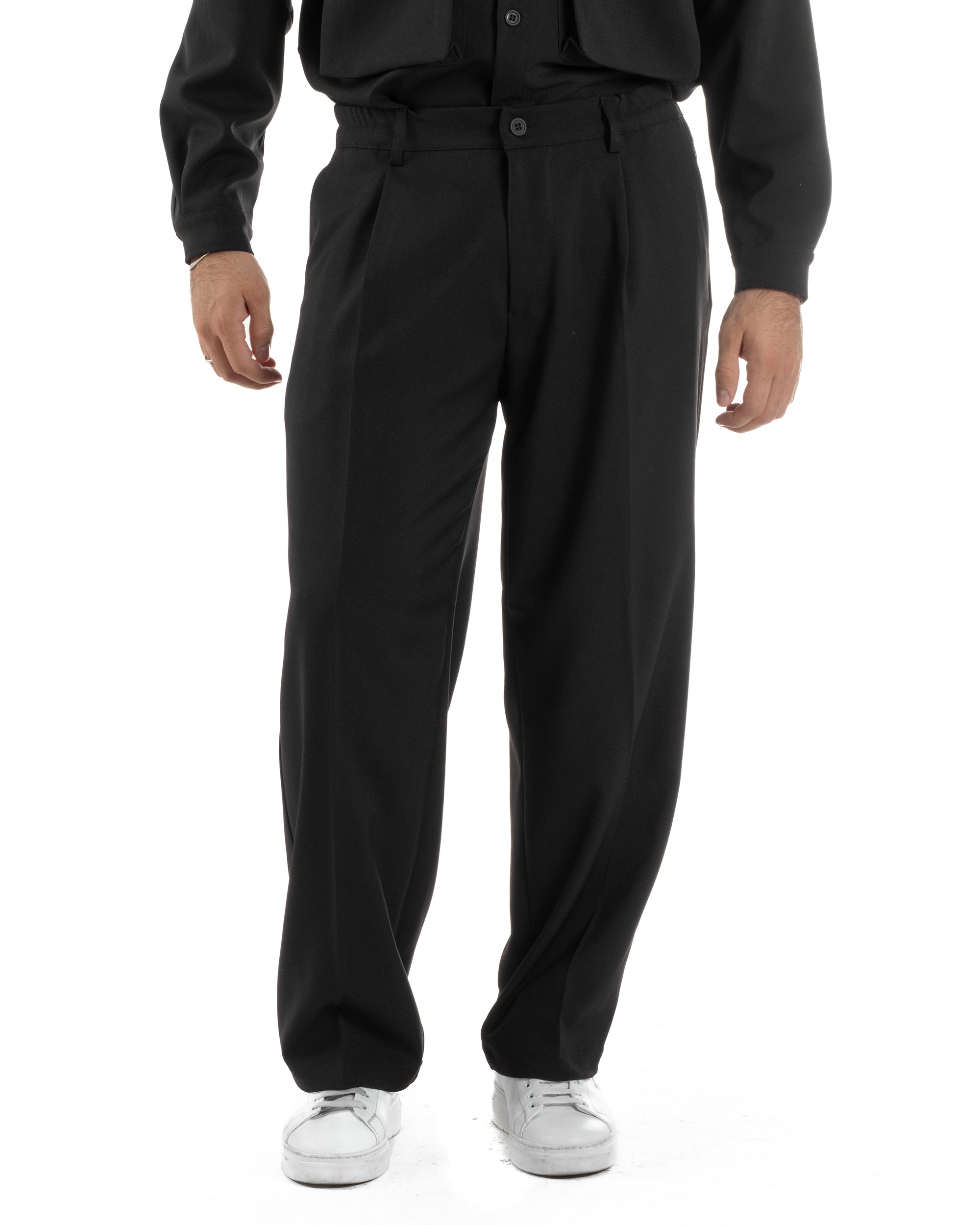 Pantaloni Uomo Viscosa Palazzo Fondo Ampio Baggy Pinces Nero P6406A