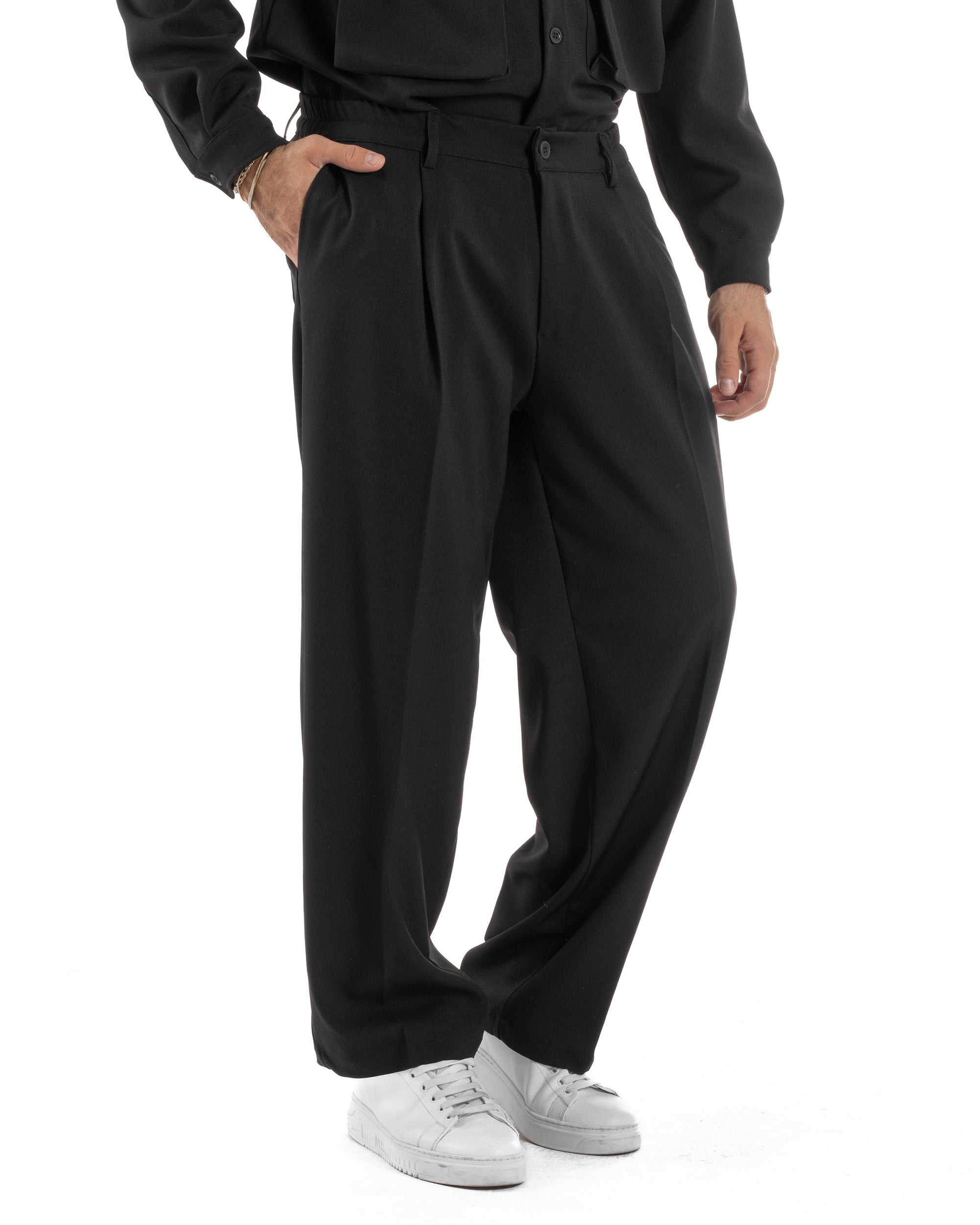 Pantaloni Uomo Viscosa Palazzo Fondo Ampio Baggy Pinces Nero P6406A
