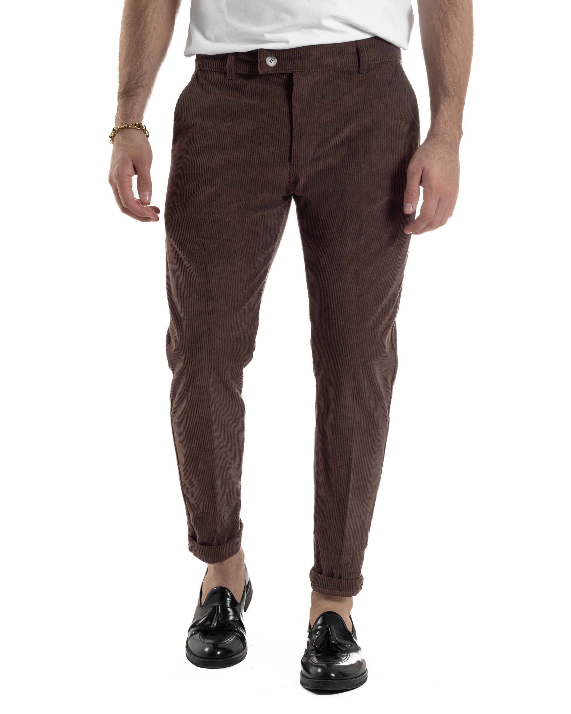 Pantaloni Uomo Velluto A Coste Abbottonatura Allungata Tasche America Marrone P6408A