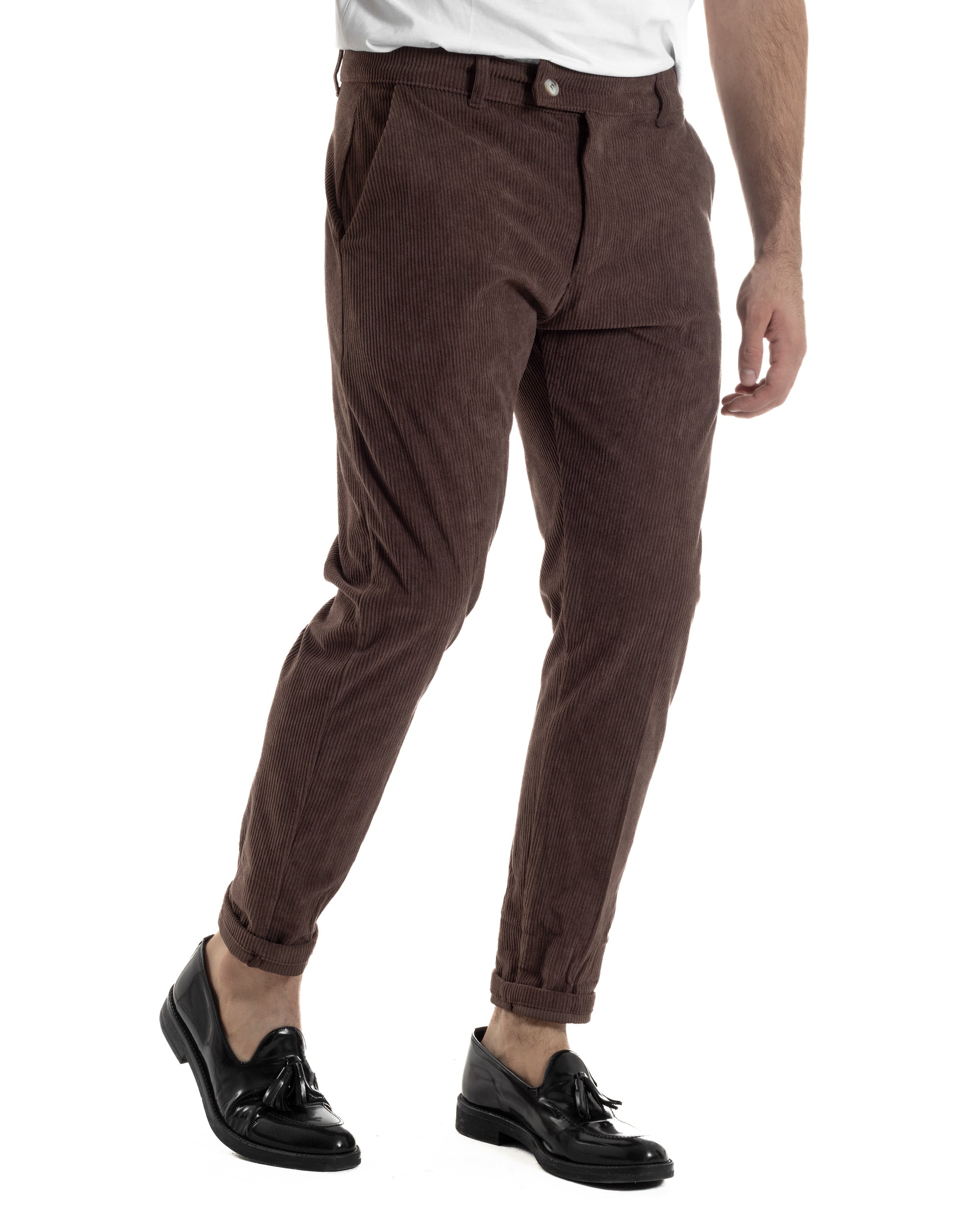 Pantaloni Uomo Velluto A Coste Abbottonatura Allungata Tasche America Marrone P6408A