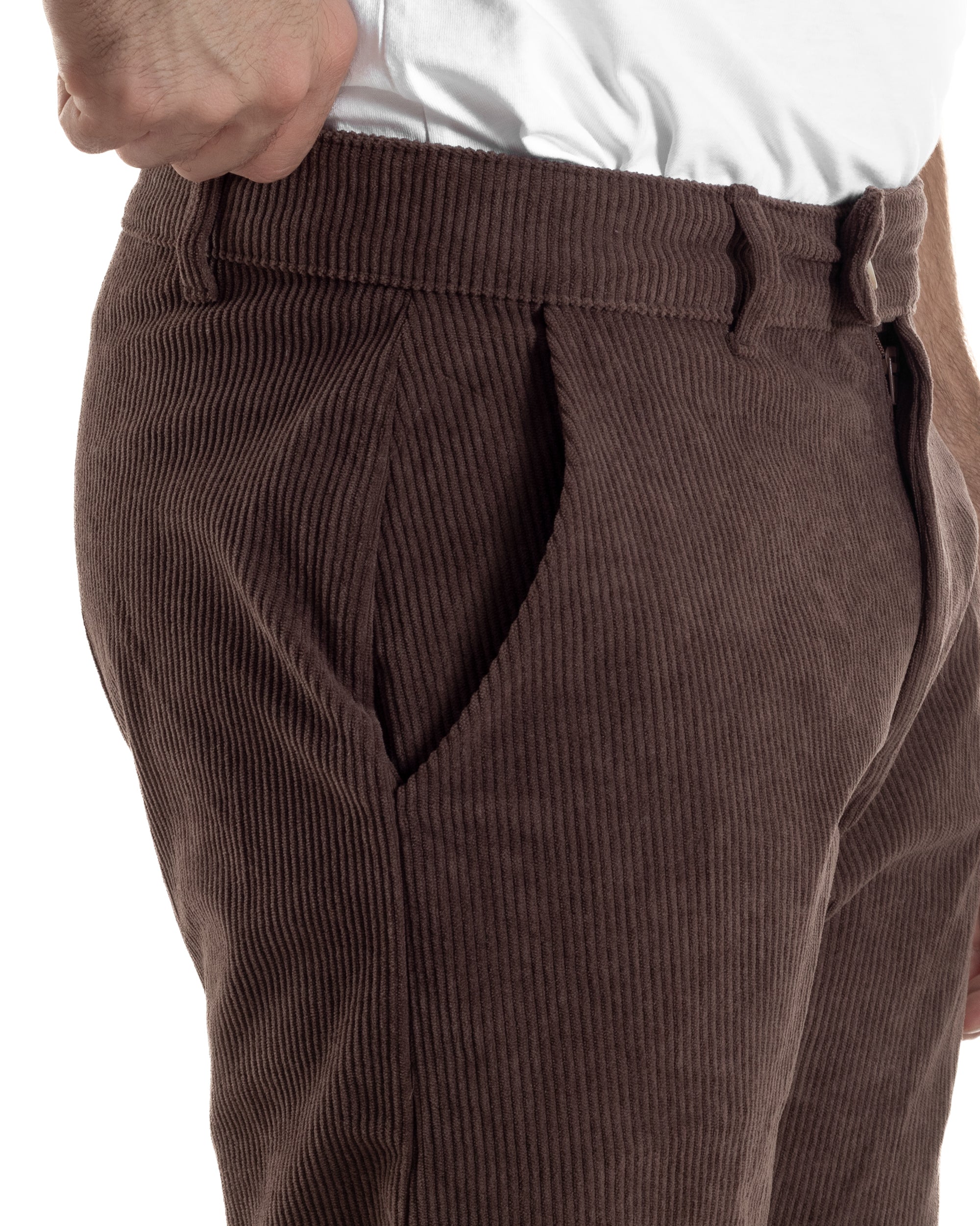 Pantaloni Uomo Velluto A Coste Abbottonatura Allungata Tasche America Marrone P6408A