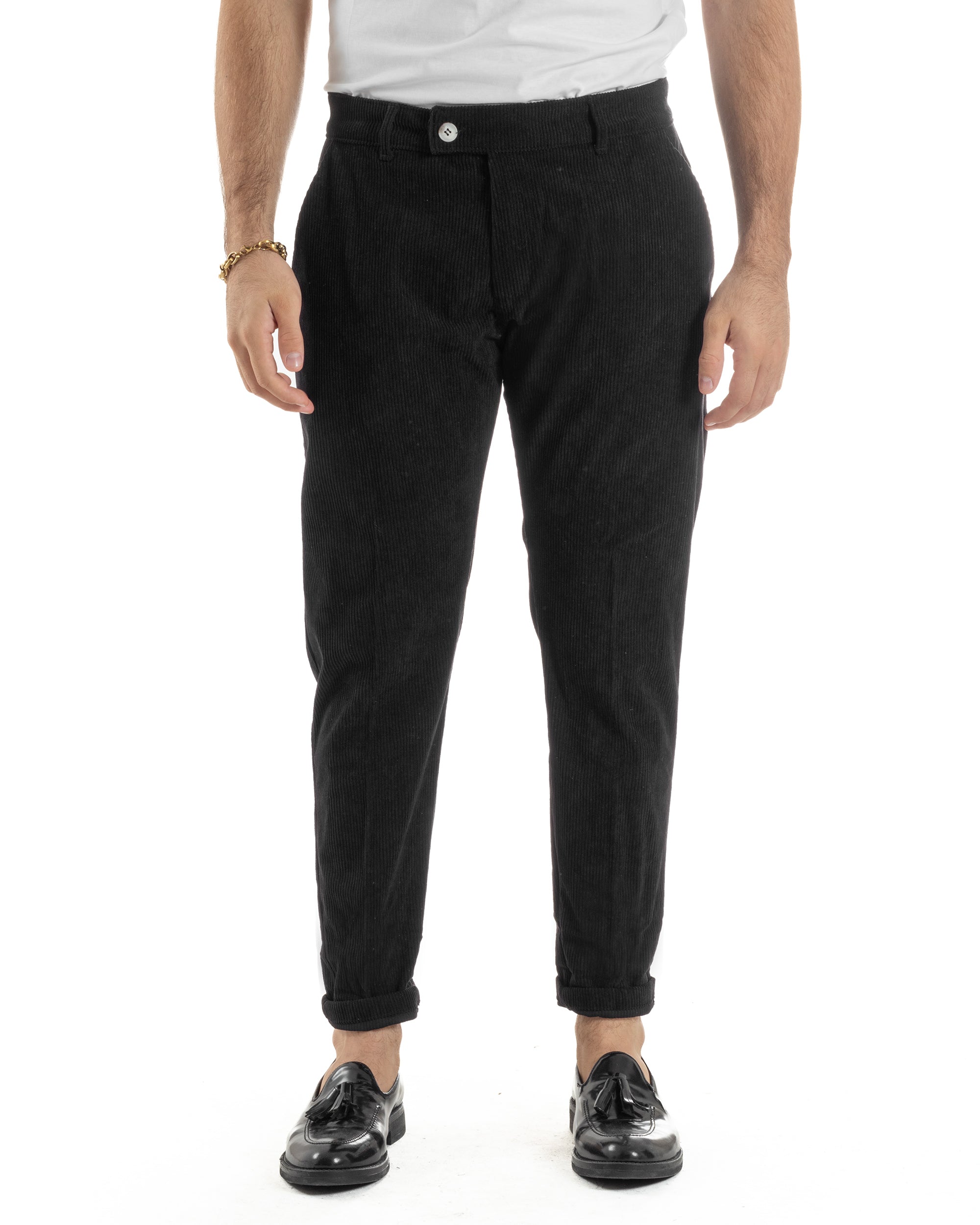 Pantaloni Uomo Velluto A Coste Abbottonatura Allungata Tasche America Nero P6409A