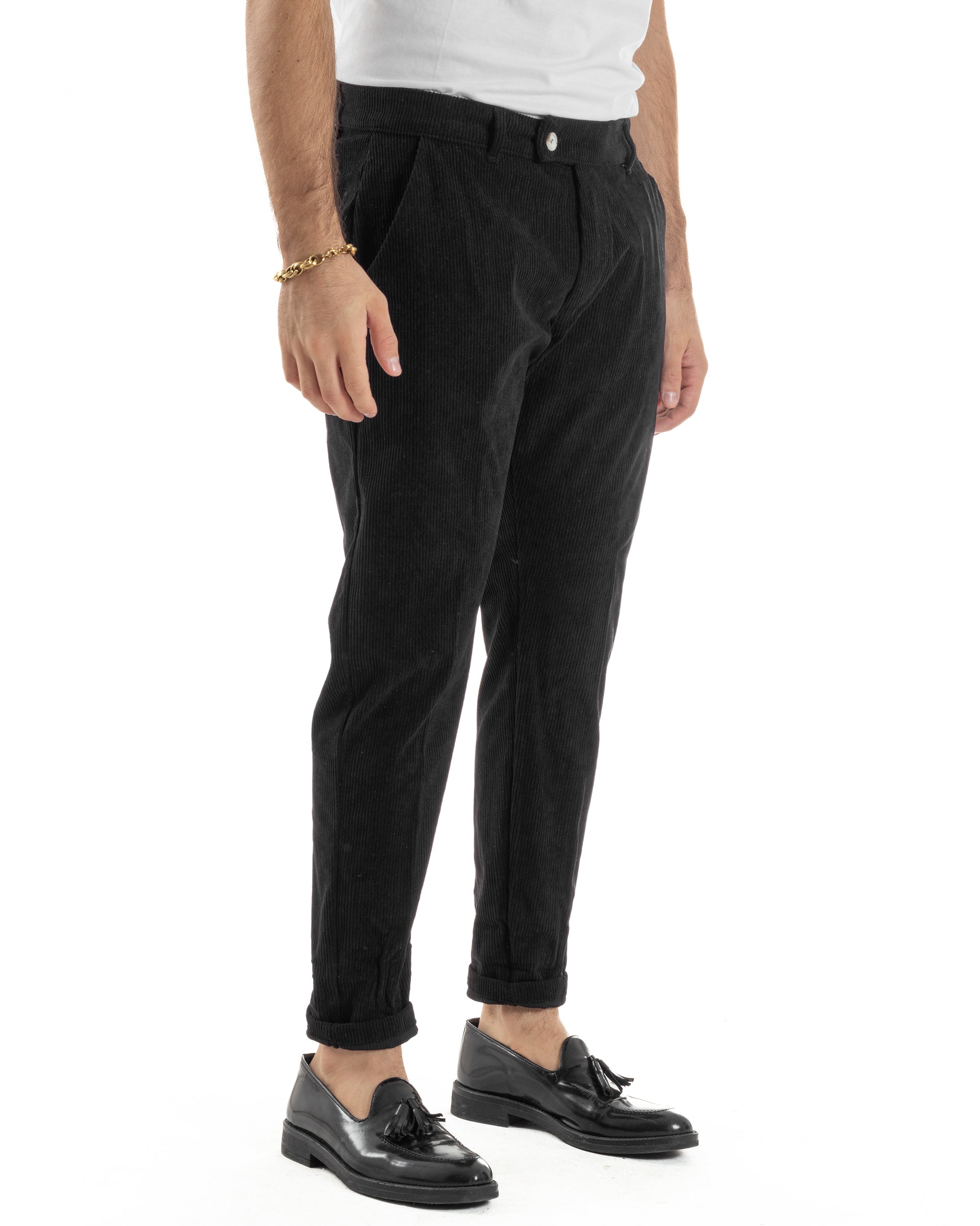 Pantaloni Uomo Velluto A Coste Abbottonatura Allungata Tasche America Nero P6409A