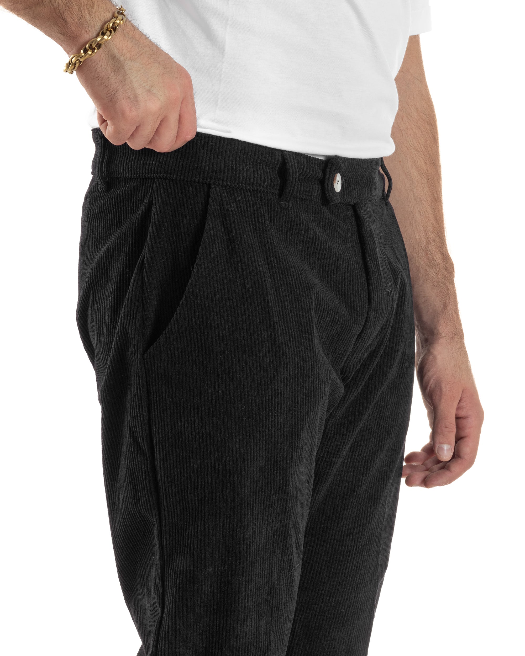 Pantaloni Uomo Velluto A Coste Abbottonatura Allungata Tasche America Nero P6409A