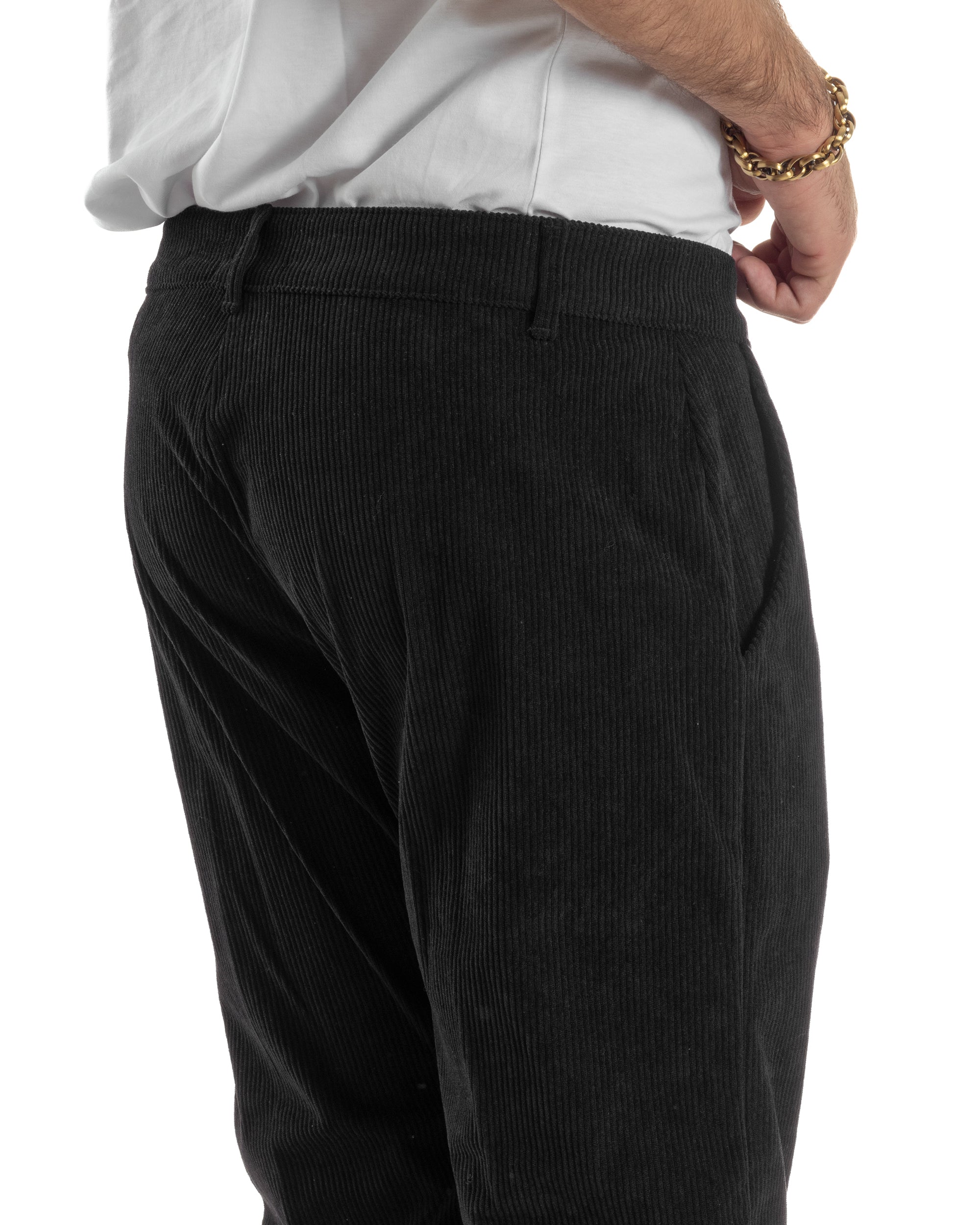 Pantaloni Uomo Velluto A Coste Abbottonatura Allungata Tasche America Nero P6409A