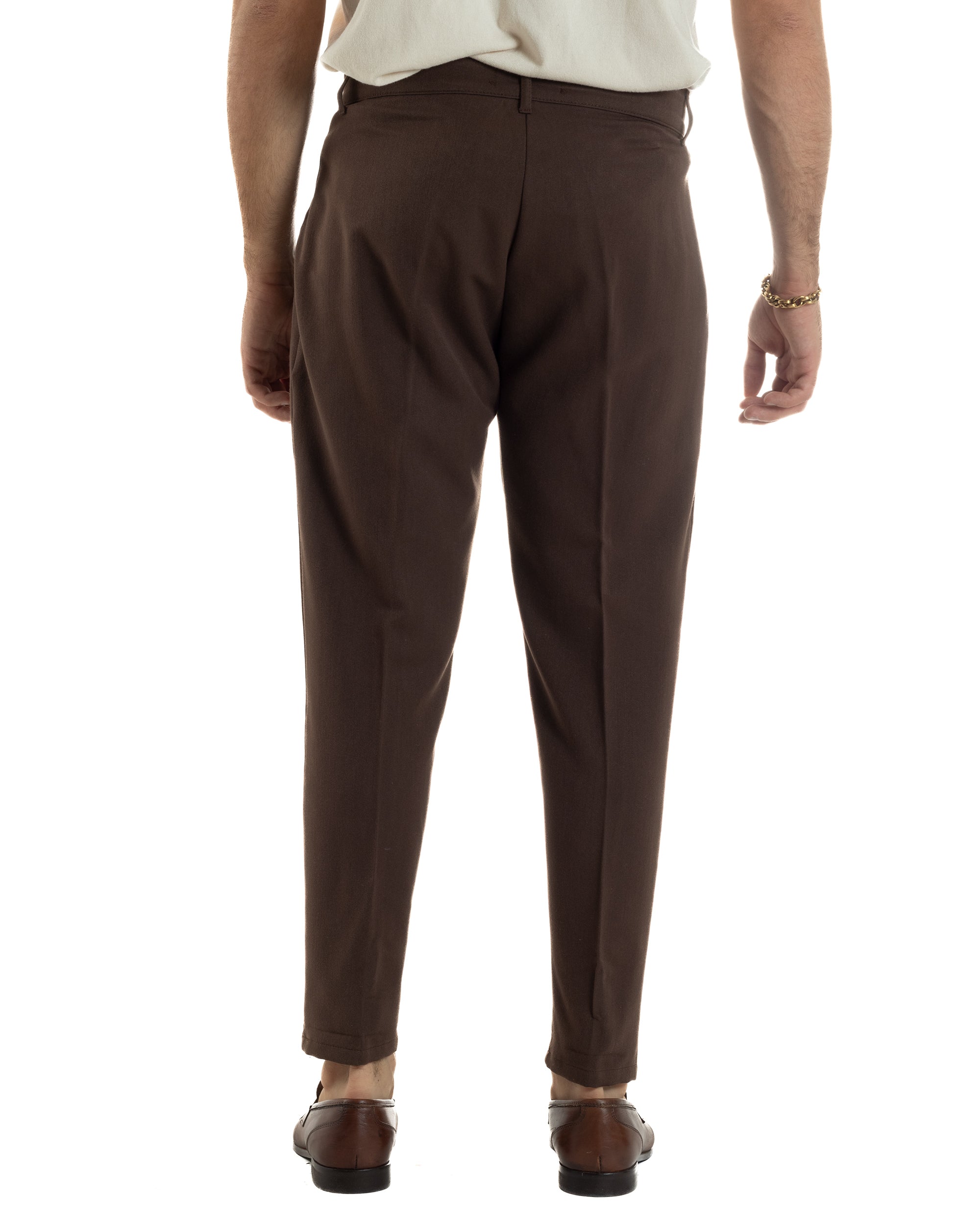 Pantaloni Uomo Viscosa Capri Casual Classico Tasche America Pinces Marrone P6410A