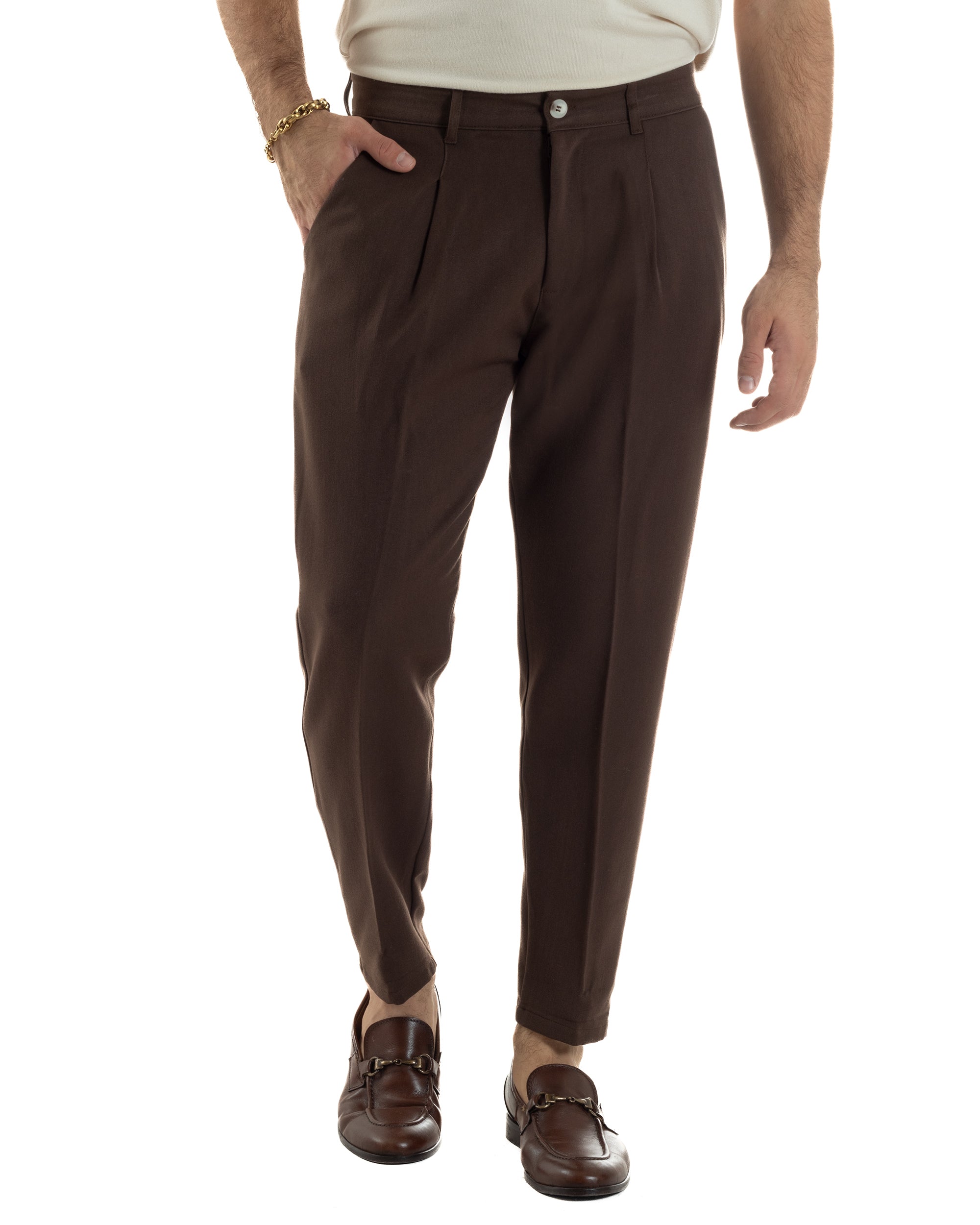 Pantaloni Uomo Viscosa Capri Casual Classico Tasche America Pinces Marrone P6410A