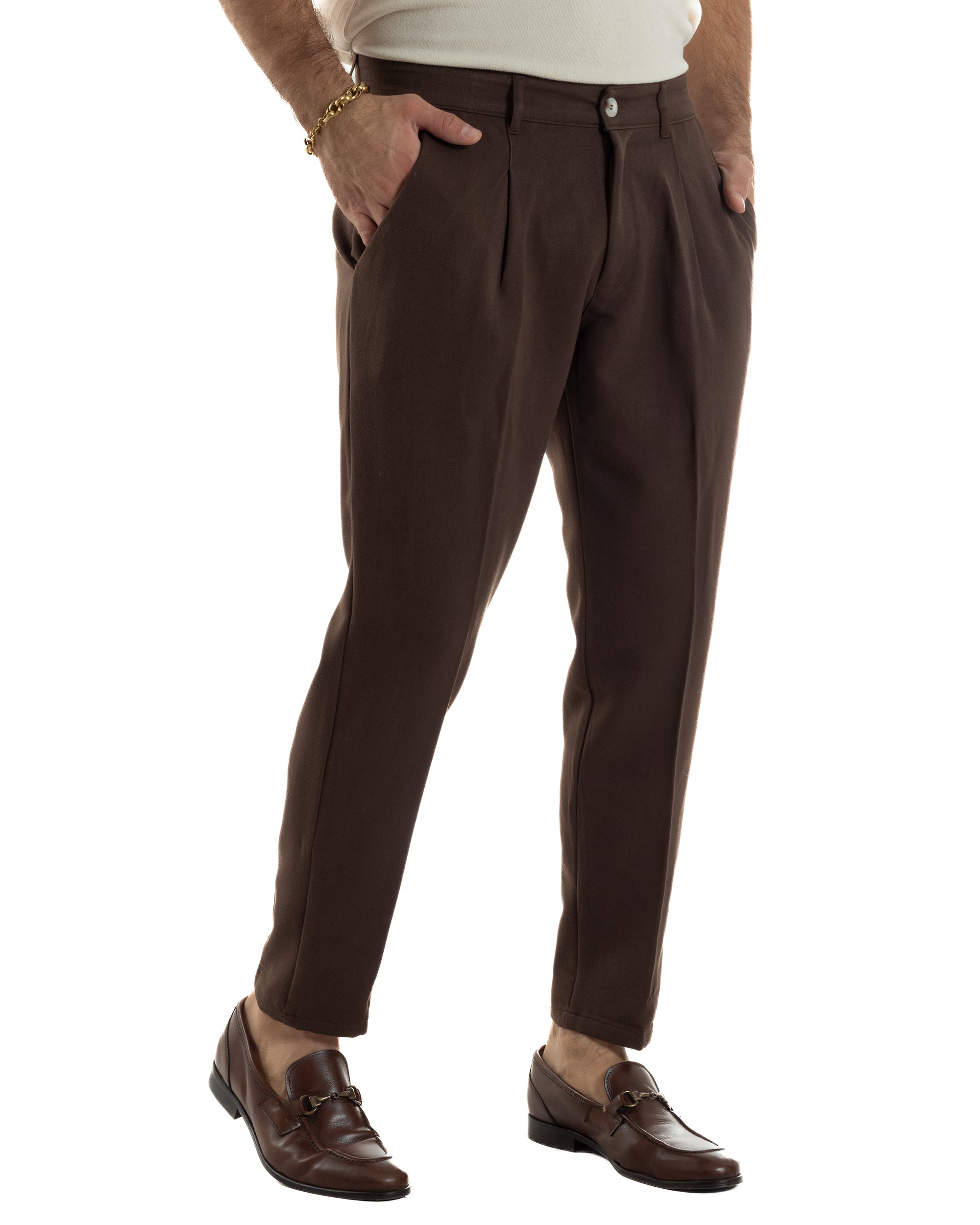 Pantaloni Uomo Viscosa Capri Casual Classico Tasche America Pinces Marrone P6410A