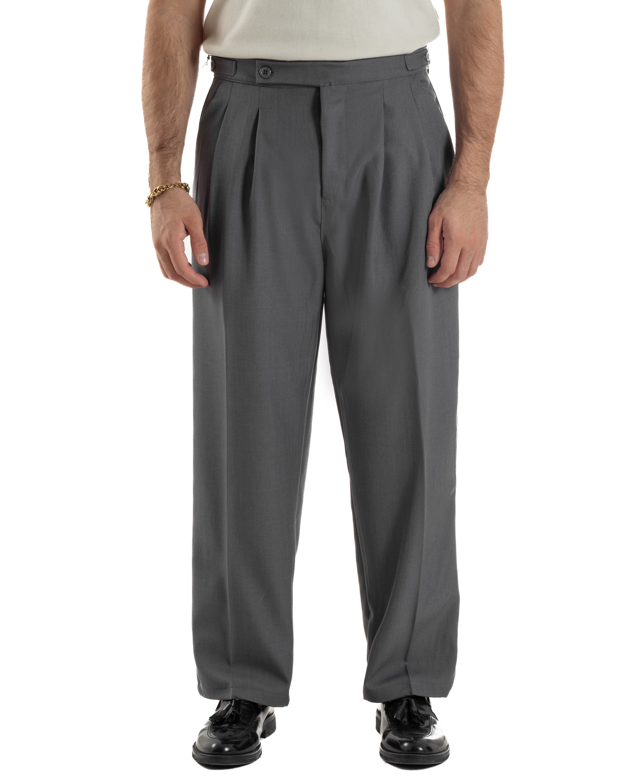 Pantaloni Uomo Baggy Con Pinces Viscosa Vita Alta Gurkha Pants Classico Grigio P6411A