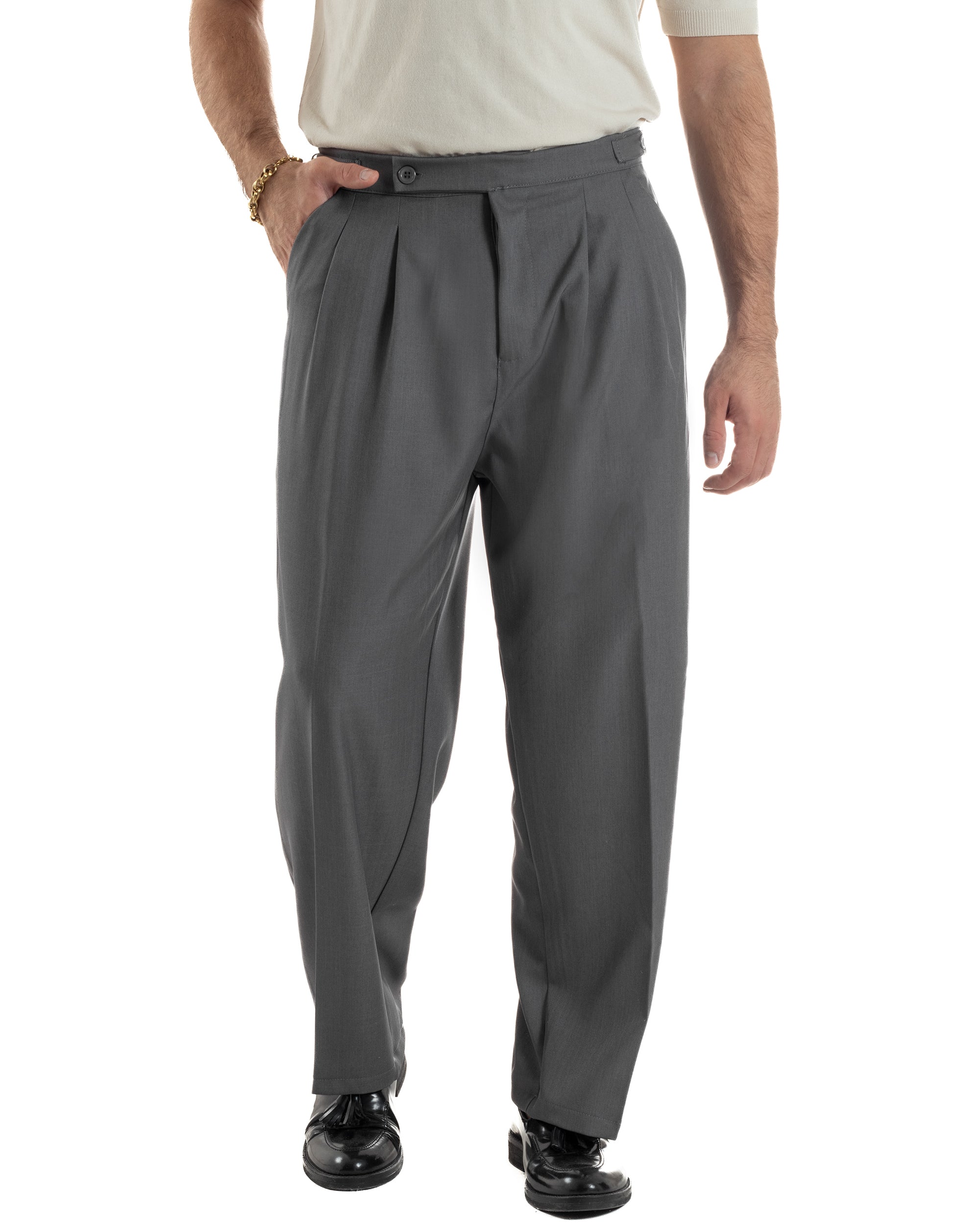 Pantaloni Uomo Baggy Con Pinces Viscosa Vita Alta Gurkha Pants Classico Grigio P6411A