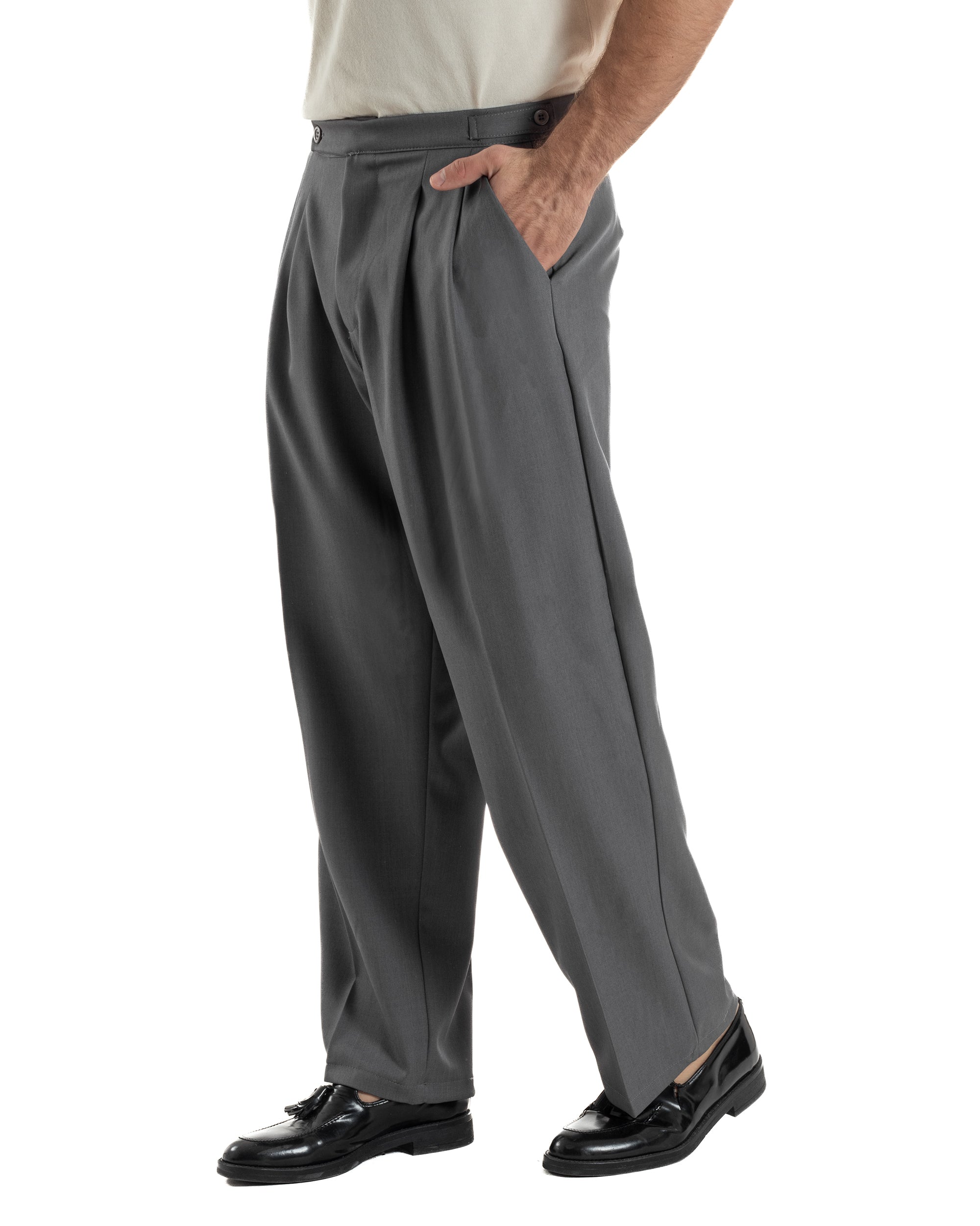 Pantaloni Uomo Baggy Con Pinces Viscosa Vita Alta Gurkha Pants Classico Grigio P6411A