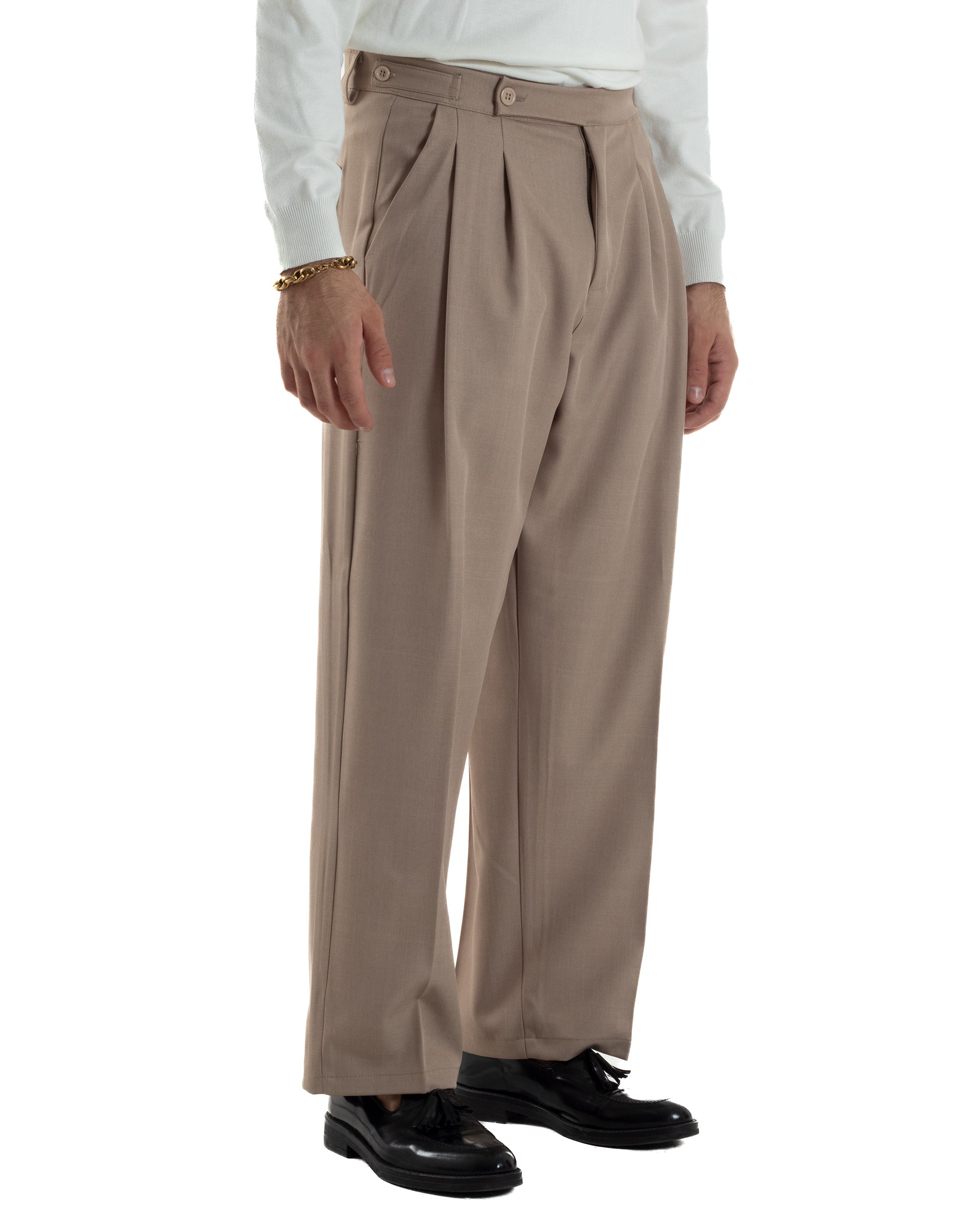 Pantaloni Uomo Baggy Con Pinces Viscosa Vita Alta Gurkha Pants Classico Beige P6412A
