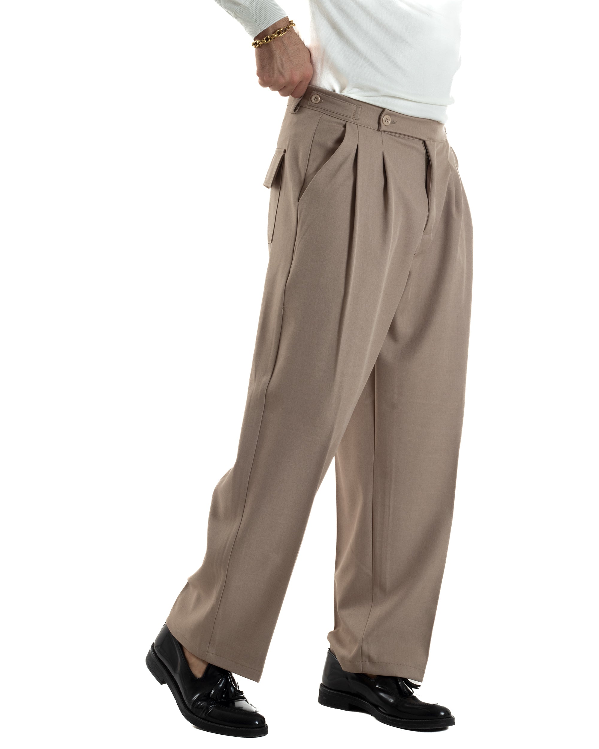 Pantaloni Uomo Baggy Con Pinces Viscosa Vita Alta Gurkha Pants Classico Beige P6412A