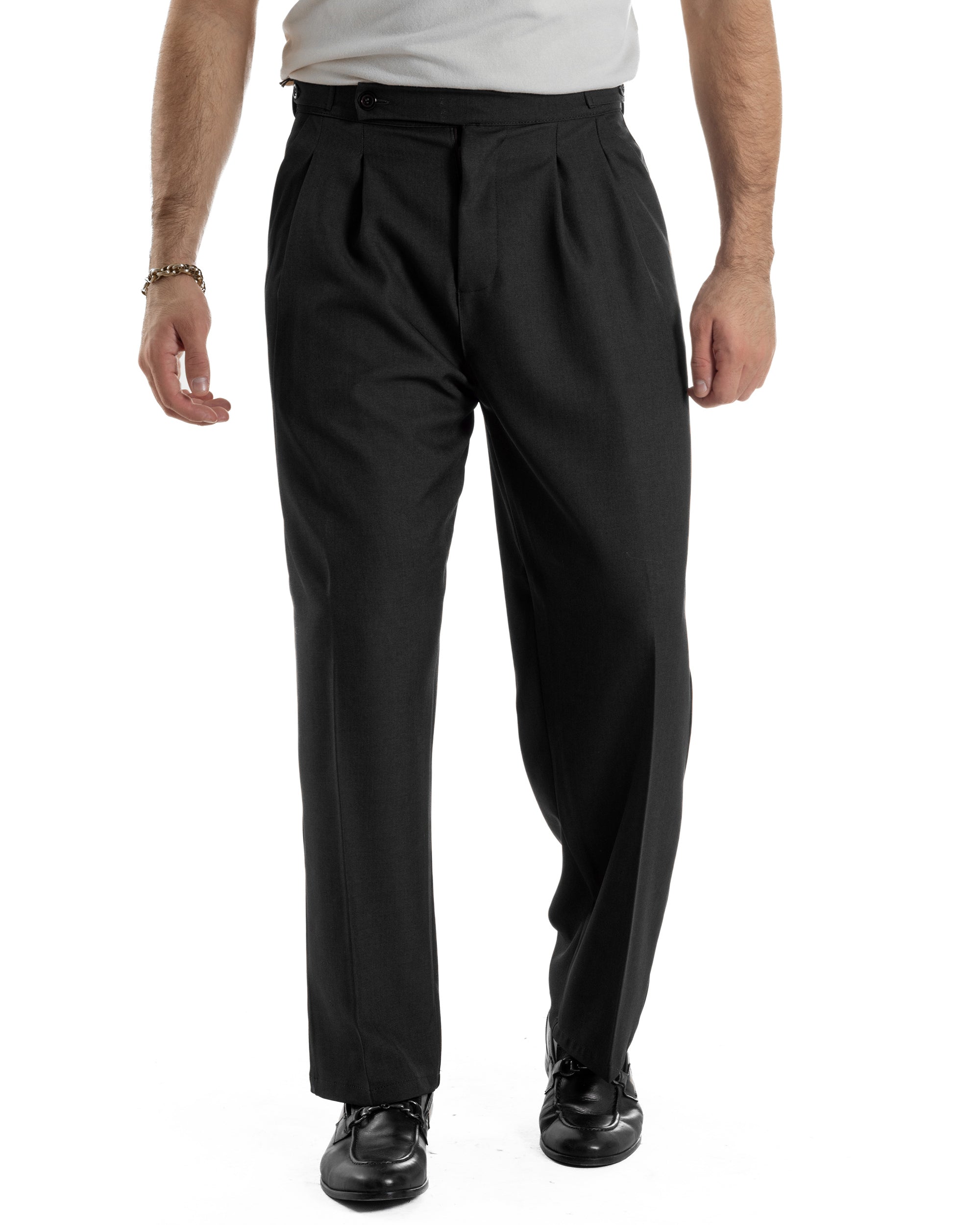 Pantaloni Uomo Baggy Con Pinces Viscosa Vita Alta Gurkha Pants Classico Nero P6413A