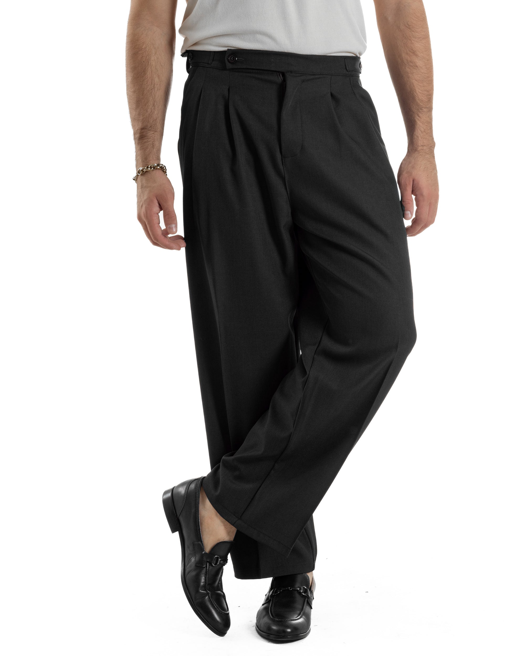 Pantaloni Uomo Baggy Con Pinces Viscosa Vita Alta Gurkha Pants Classico Nero P6413A