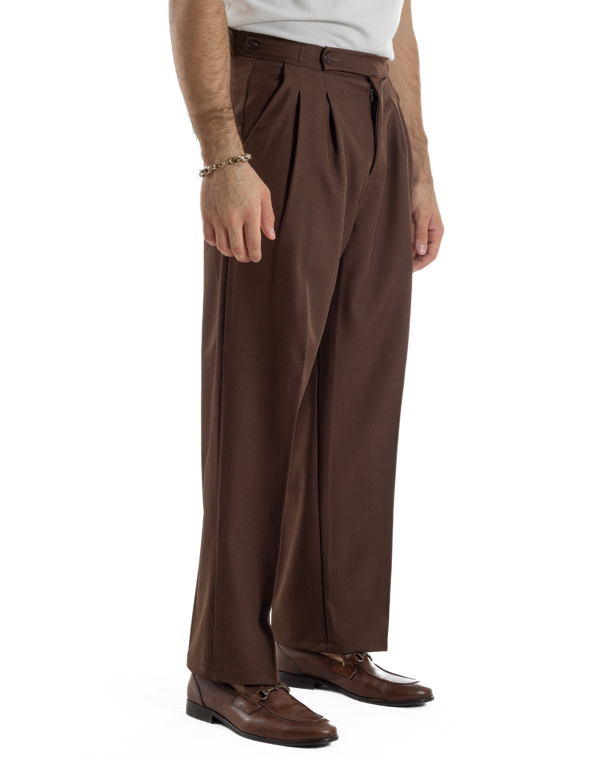 Pantaloni Uomo Baggy Con Pinces Viscosa Vita Alta Gurkha Pants Classico Marrone P6414A