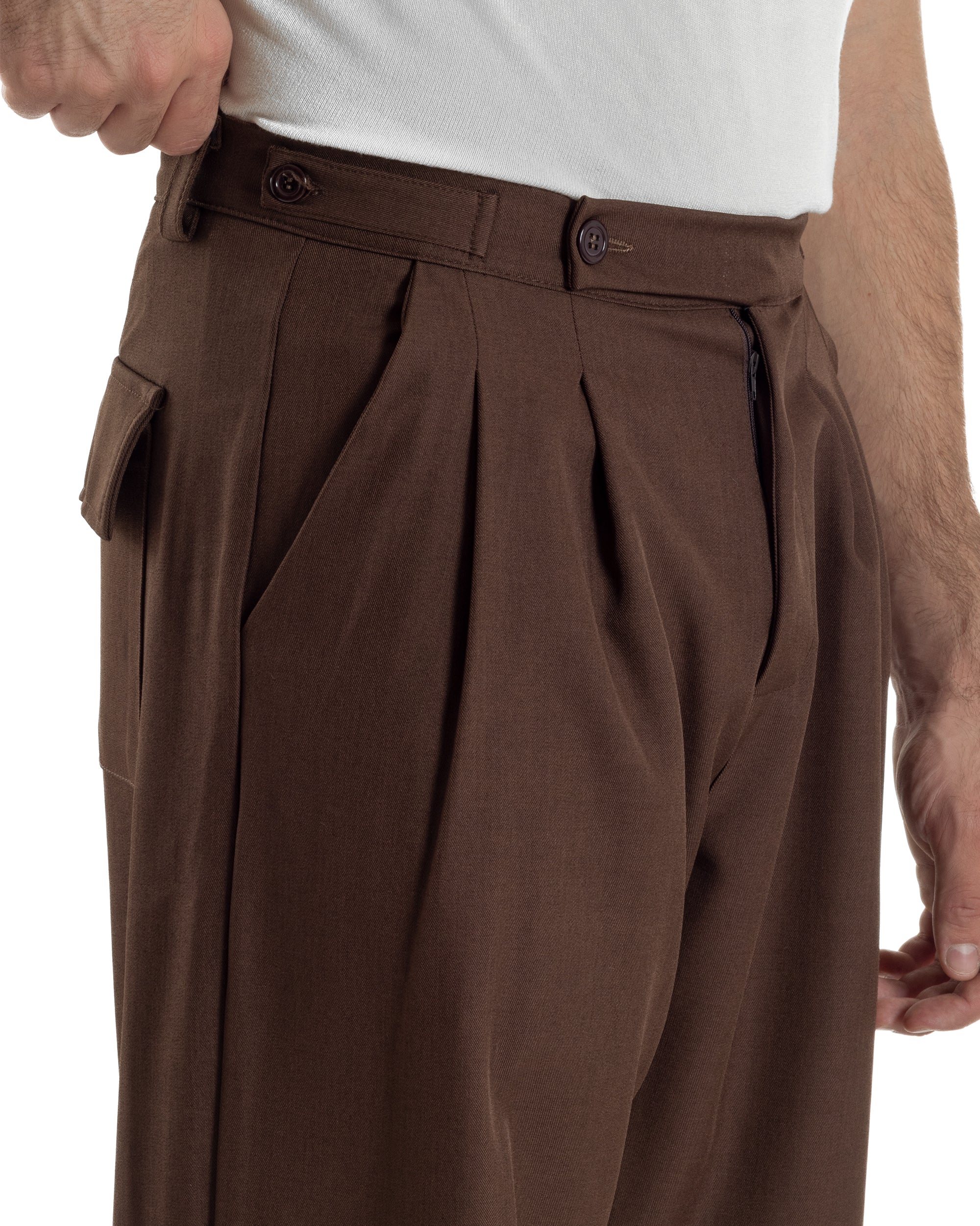 Pantaloni Uomo Baggy Con Pinces Viscosa Vita Alta Gurkha Pants Classico Marrone P6414A