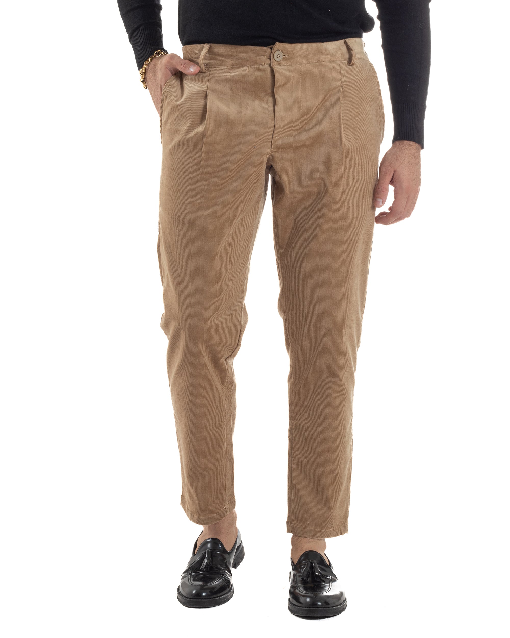 Pantaloni Uomo Velluto Tasche America Pinces Chino Beige P6415A