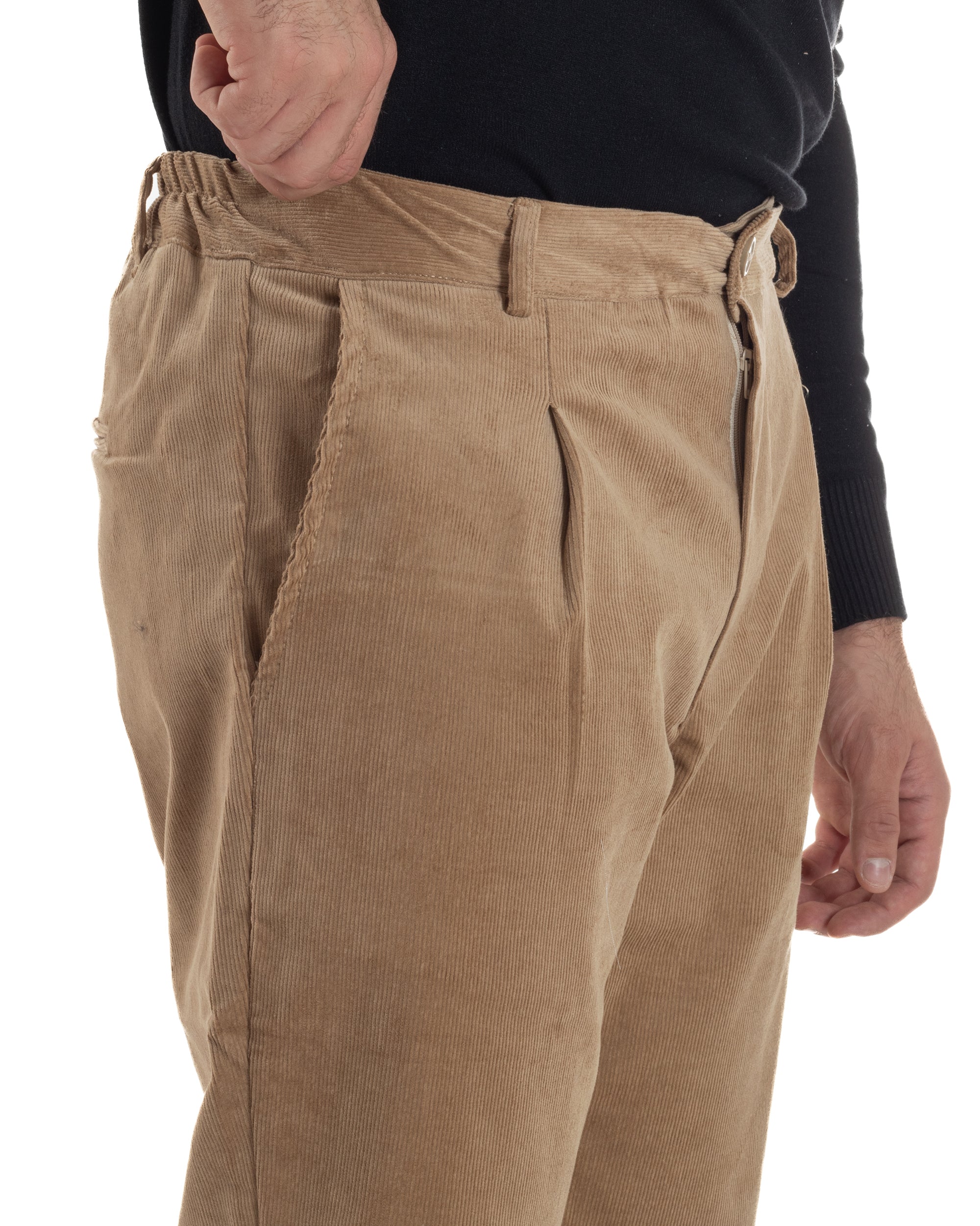 Pantaloni Uomo Velluto Tasche America Pinces Chino Beige P6415A