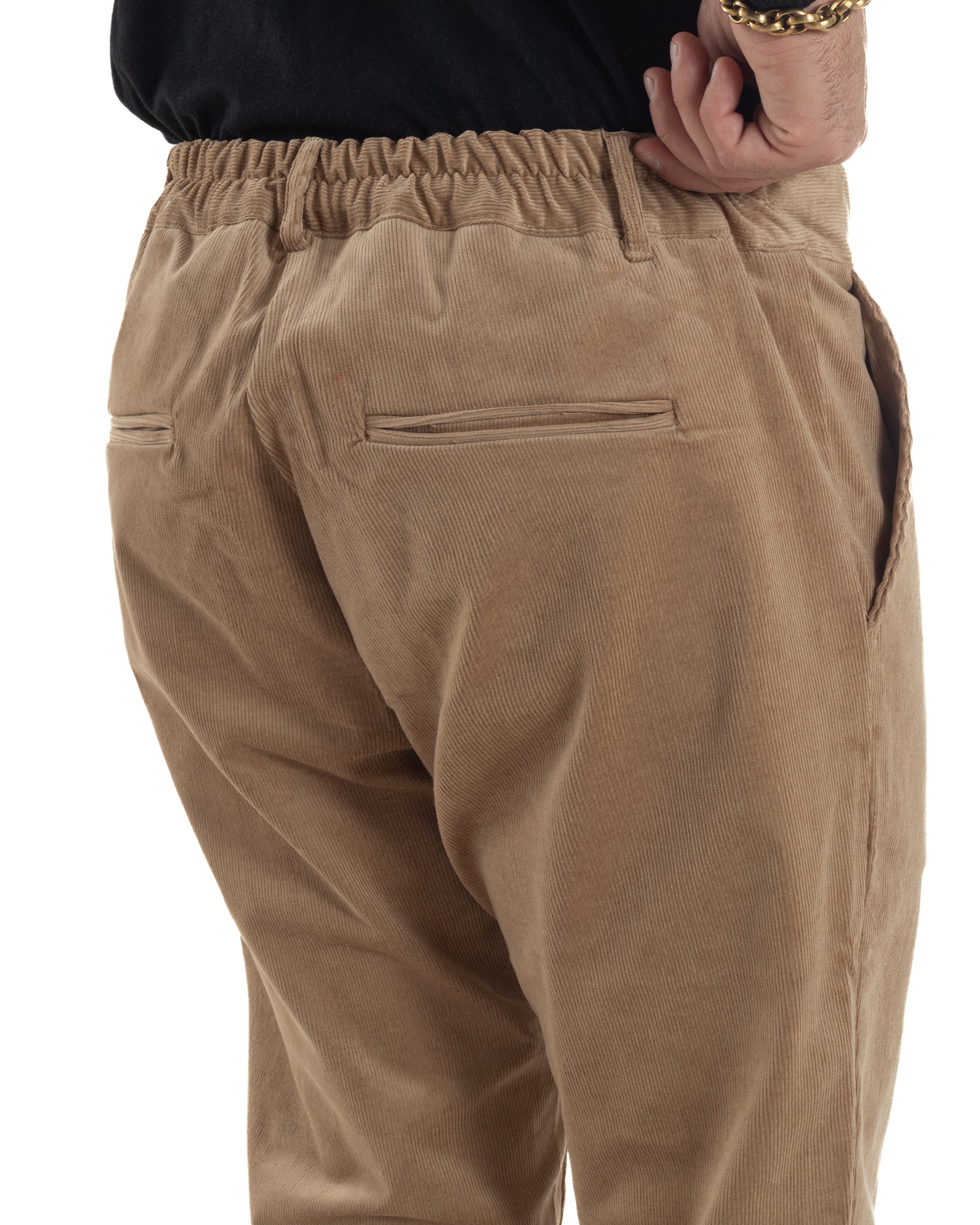 Pantaloni Uomo Velluto Tasche America Pinces Chino Beige P6415A