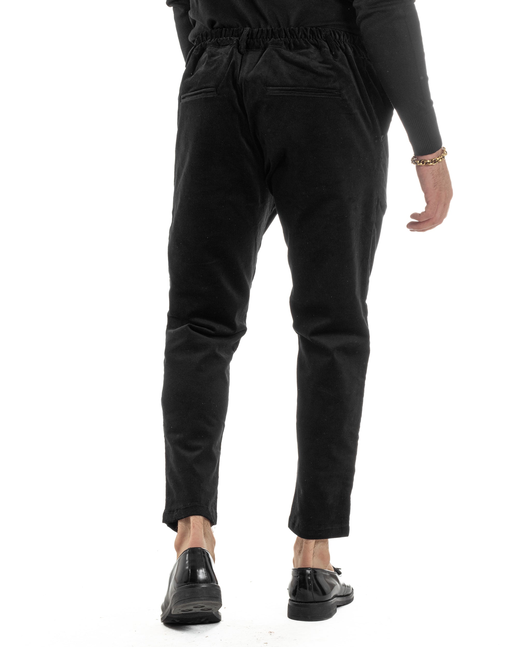 Pantaloni Uomo Velluto Tasche America Pinces Chino Nero P6416A