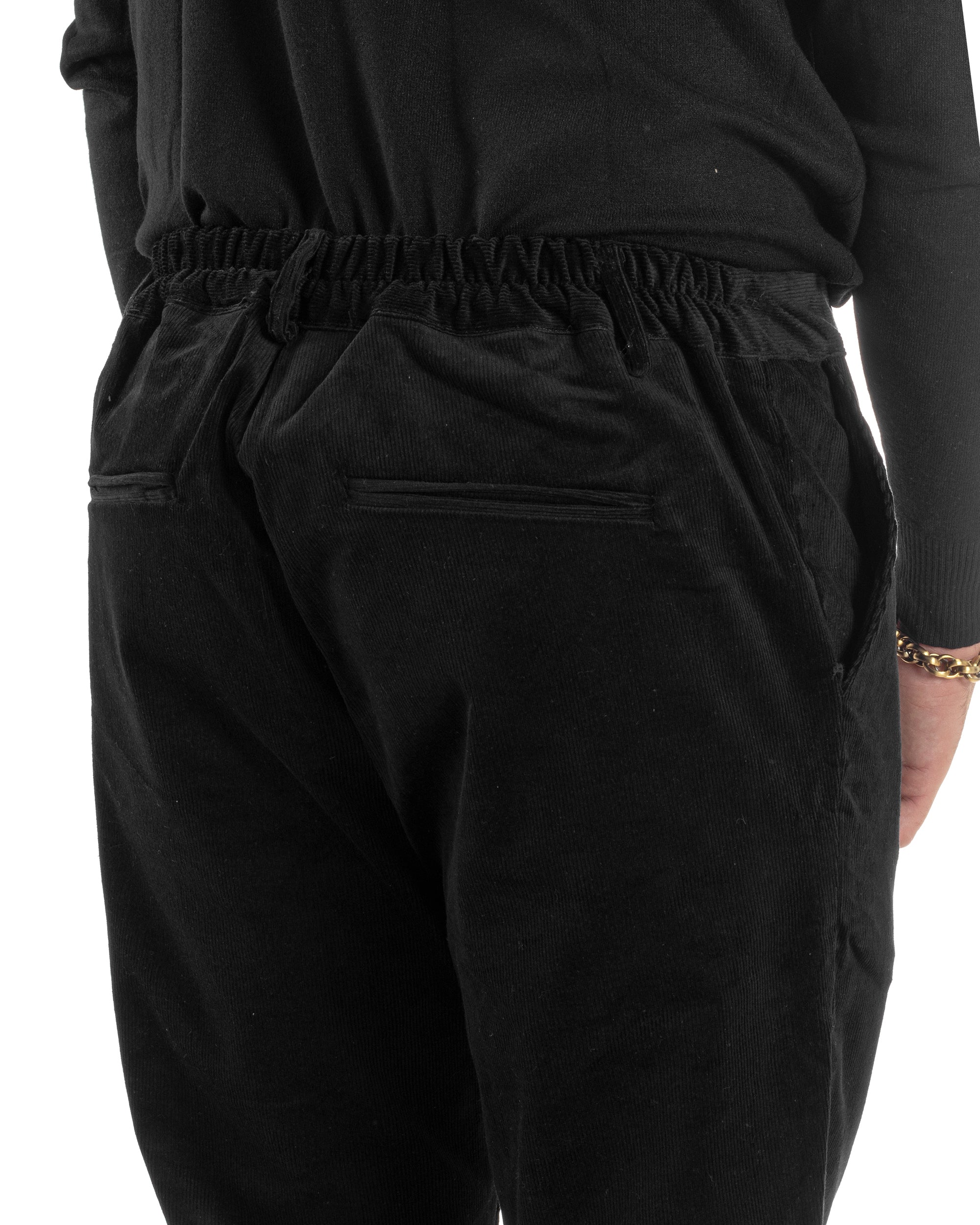 Pantaloni Uomo Velluto Tasche America Pinces Chino Nero P6416A