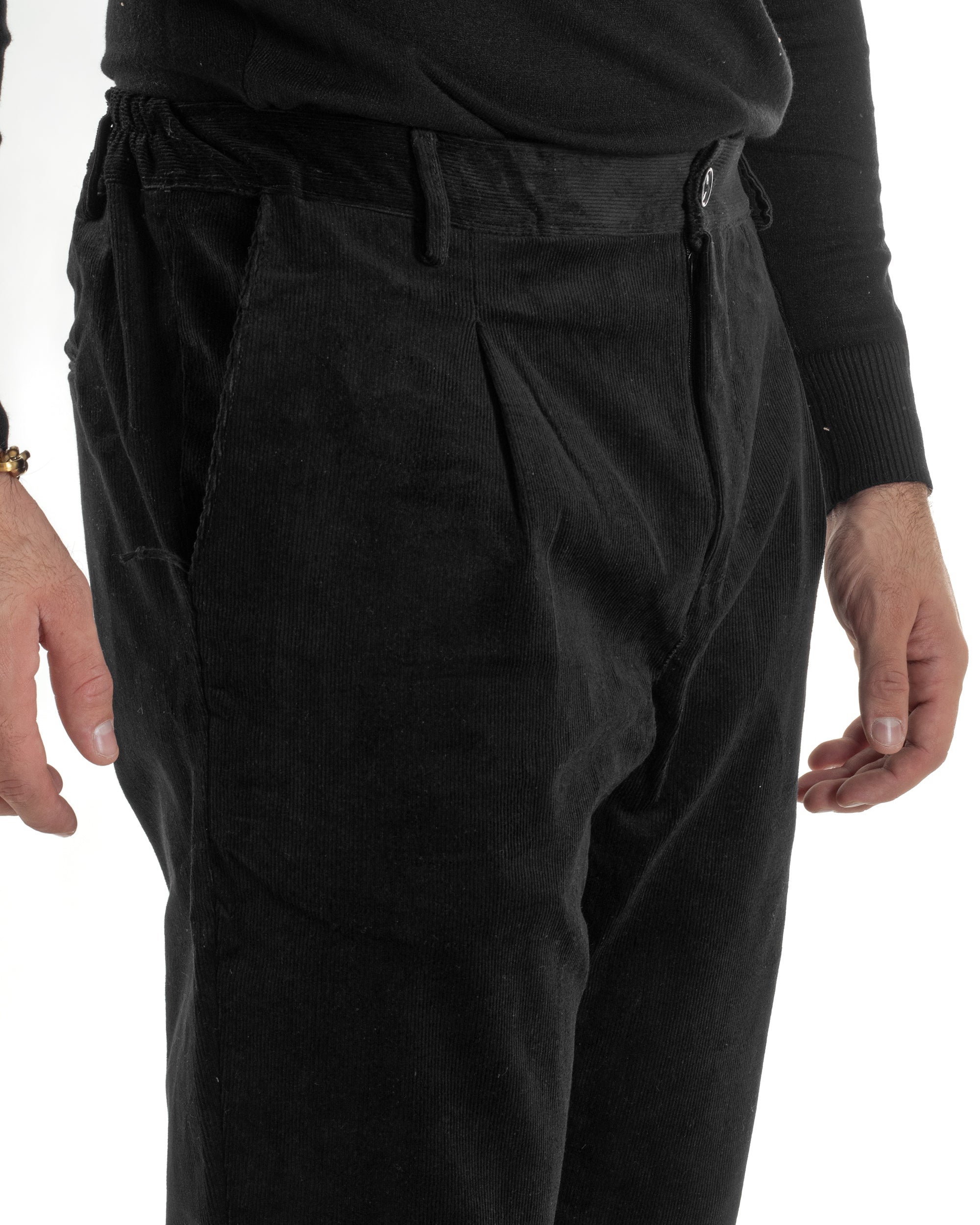 Pantaloni Uomo Velluto Tasche America Pinces Chino Nero P6416A